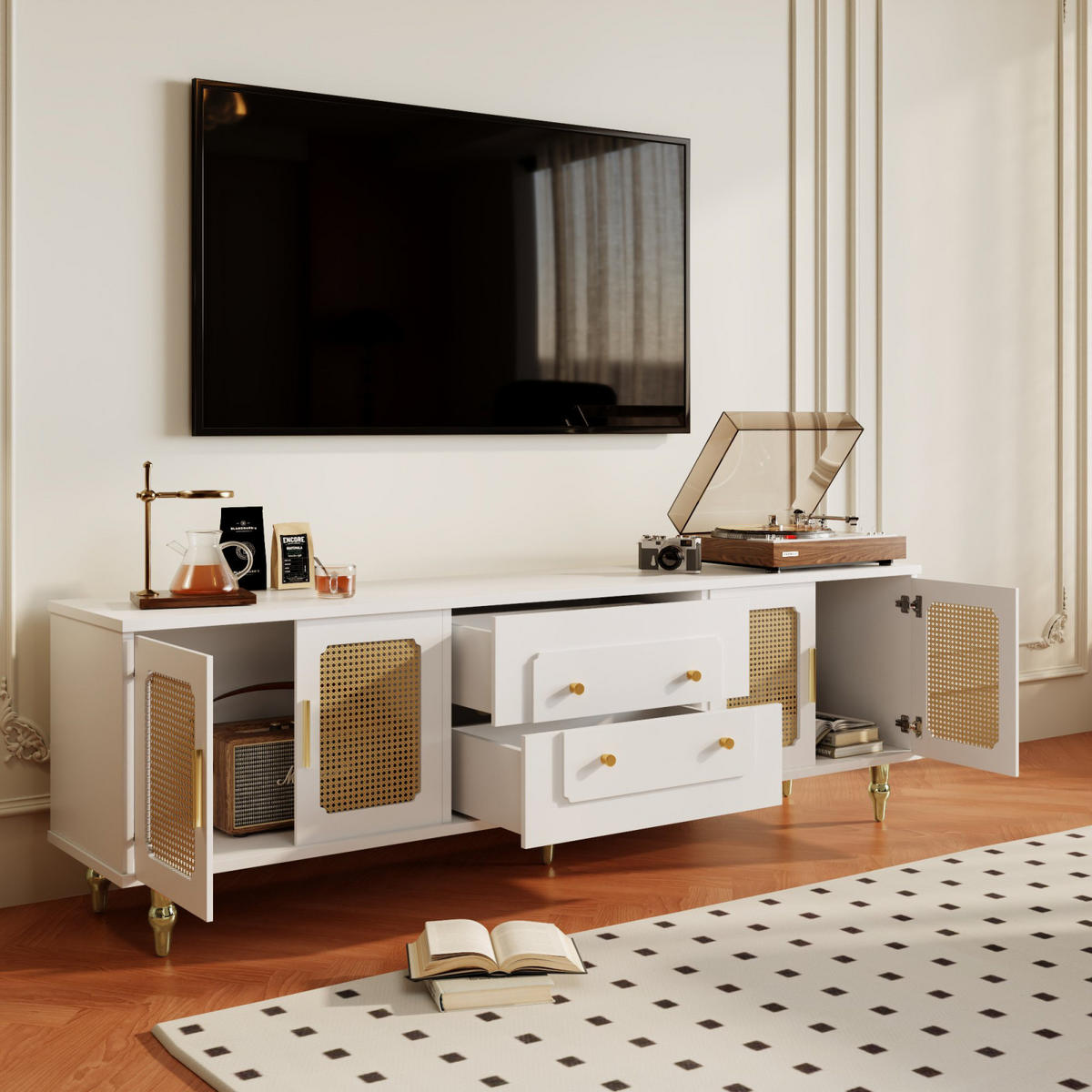 TV-LOWBOARD 175 cm Weiß mit Türen, Goldgriffen und Massivholzbeinen - Weiß, Holz (175/55/38cm) - PARAFTA HOME