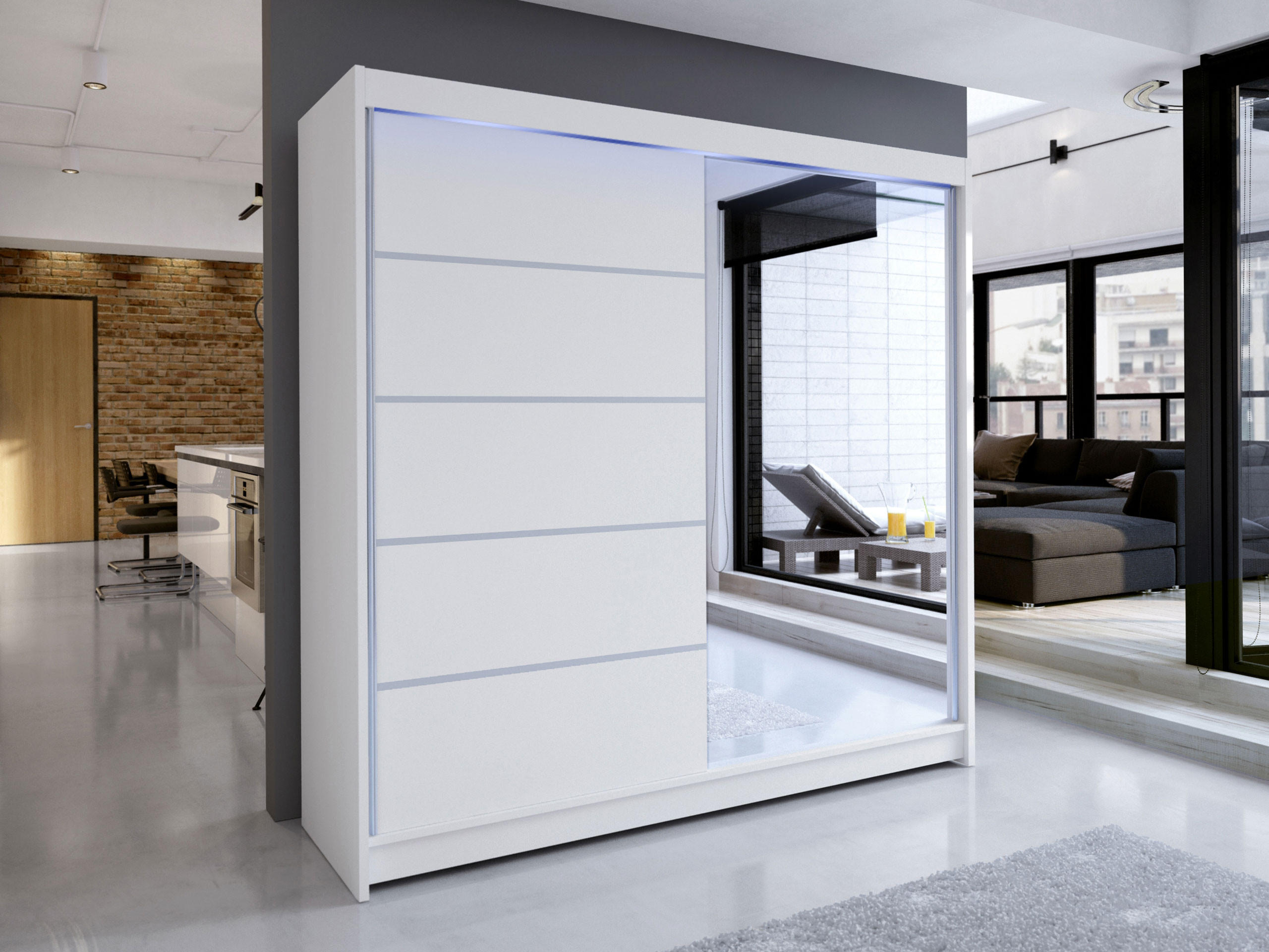 SCHWEBETÜRENSCHRANK Talin III, mit RGB LED Beleuchtung - Silberfarben/Weiß, Holzwerkstoff/Metall (180/215/58cm) - MIRJAN24