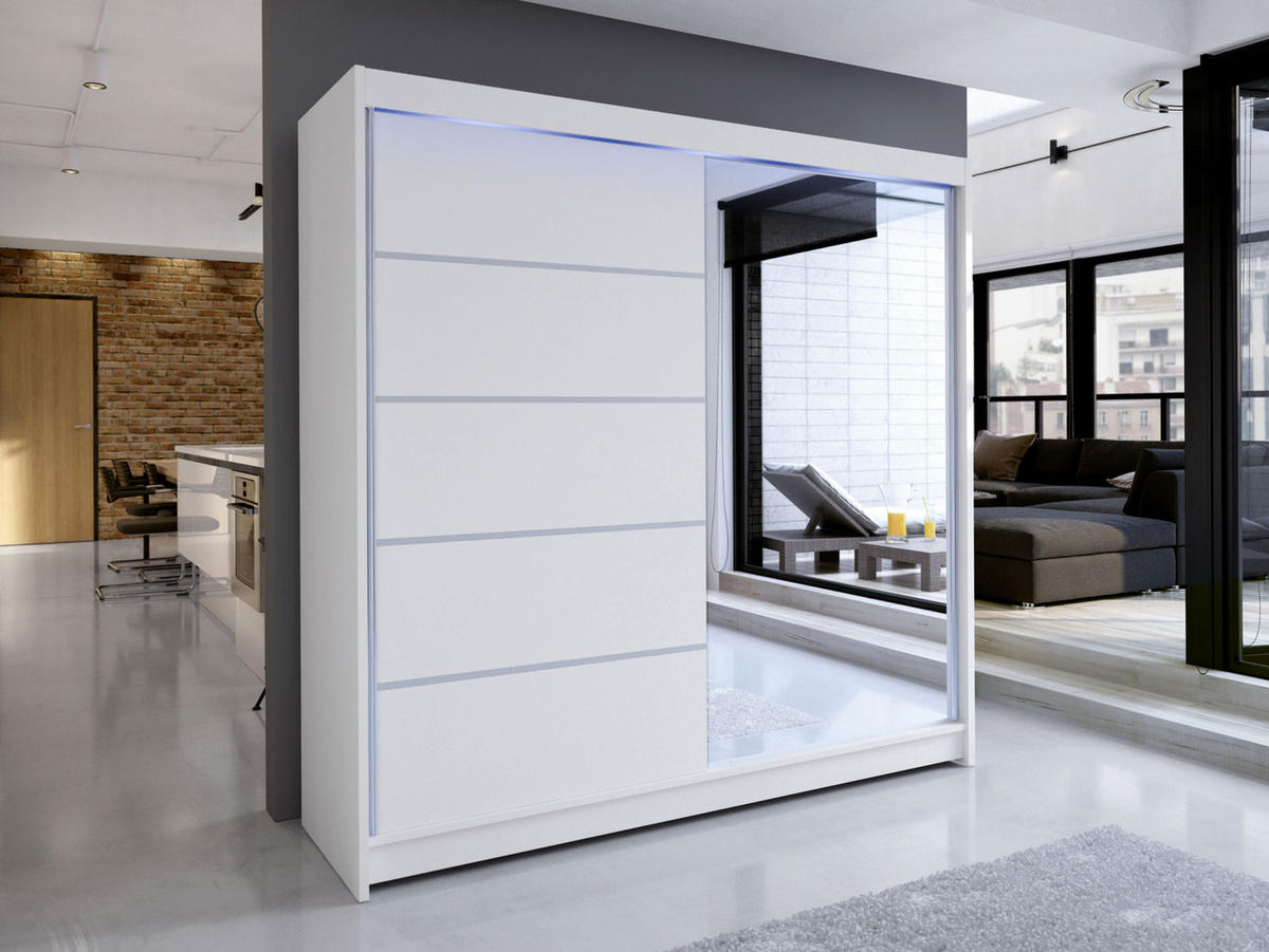 SCHWEBETÜRENSCHRANK Talin III, mit RGB LED Beleuchtung - Silberfarben/Weiß, Holzwerkstoff/Metall (180/215/58cm) - MIRJAN24