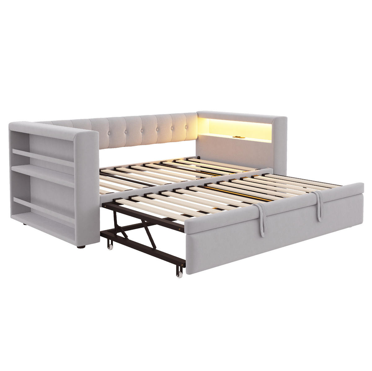 POLSTERBETT 90/190 cm mit LED-Beleuchtung, Steckdose und Armlehnen-Stauraum, Flanell, Hellgrau - Hellgrau, Textil (90/190cm) - Redom