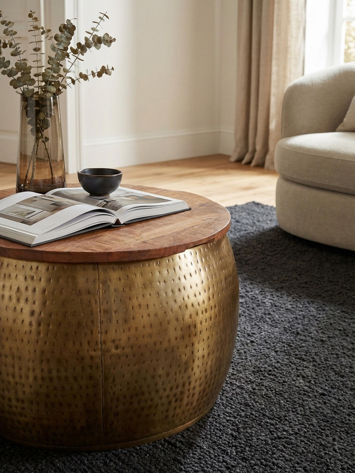 COUCHTISCH Massivholz Braun Gold, Modernes Design, Stauraum, Modell Aurora - Goldfarben, Holz/Metall (60/60/40cm) - KADIMA DESIGN