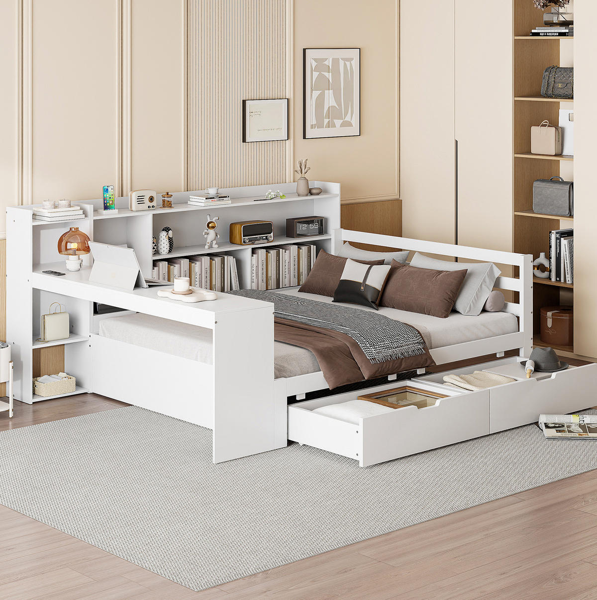 SCHLAFSOFA 140/200 cm mit Schreibtisch, Regalen, 2 Schubladen und Steckdose, Weiß - Weiß, Holzwerkstoff (165/100/245.5cm) - Redom