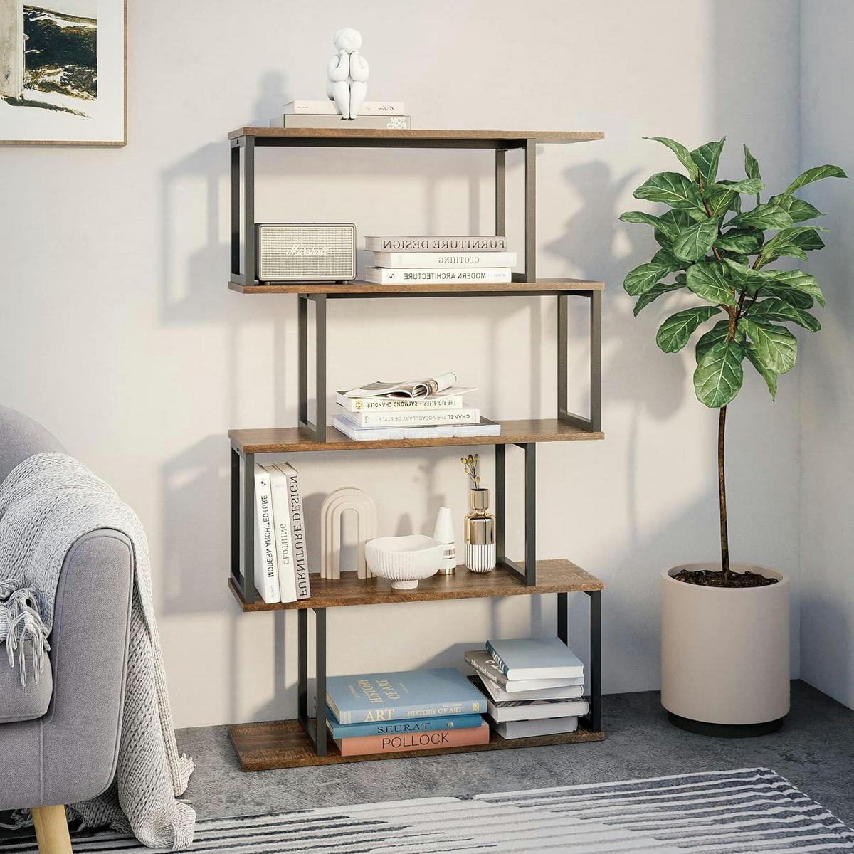 BÜCHERREGAL S-Form Holz Braun 76 x 127.5 cm - Braun, Holzwerkstoff (74/128/24cm)