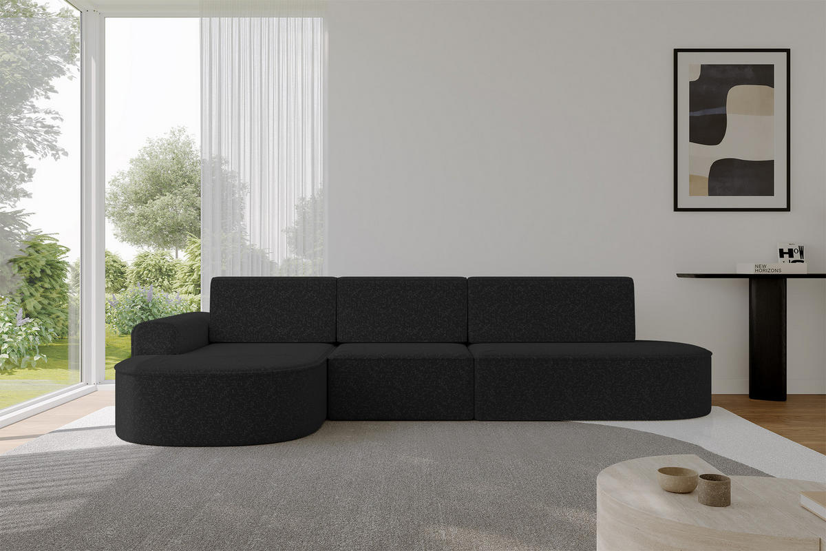 ECKSOFA mit Schlaffunktion Ottomane Links MARI L2-S 368X167X85 Schwarz Velours - Schwarz Hochglanz/Schwarz, Holzwerkstoff/Kunststoff (368/167cm) - ALTDECOR