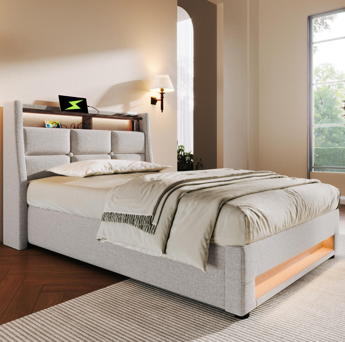 POLSTERBETT 90/200 cm in Beige mit USB-Anschluss, LED-Beleuchtung und Stauraum - Beige, Textil (90/200cm) - Flora Grace