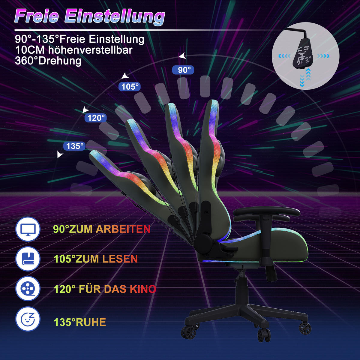 GAMINGSTUHL RGB LED Massage verstellbar ergonomisch schwarz - Schwarz, Holz (68/133/68cm) - LEBENLANG