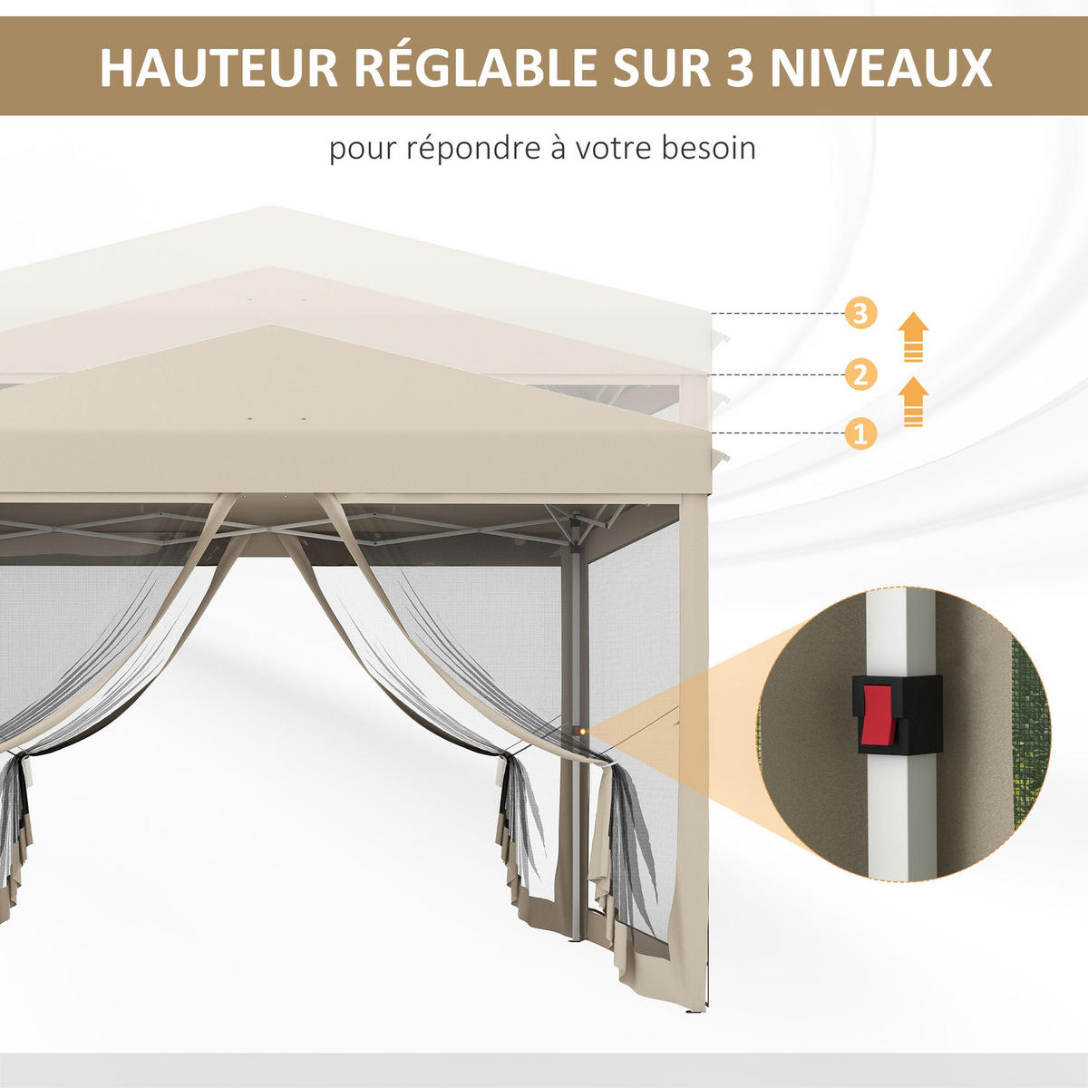 PAVILLON, wasserdicht, 4 Moskitonetze + Tragetasche,3 x3x2,65 m - Beige, Metall (295/265/295cm) - Vallsero