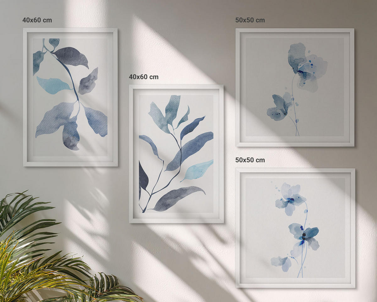 WANDBILDER 4er-Set - 50x50 cm & 40x60 cm Weißer Rahmen - Aquarell von blauen Blättern - Weiß, Kunststoff (50/50cm) - ArtPrintCave
