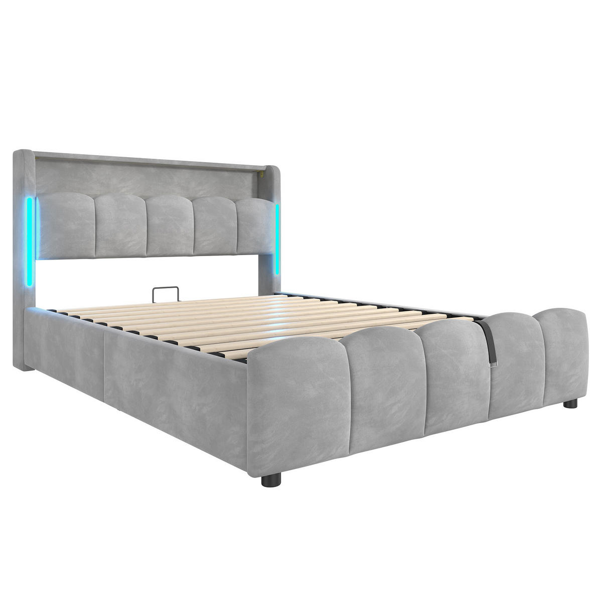 ČALOUNĚNÁ postel 140/200 cm, sametová, šedá, s LED osvětlením a úložným prostorem - šedá, textil (140/200cm) - BEAOK