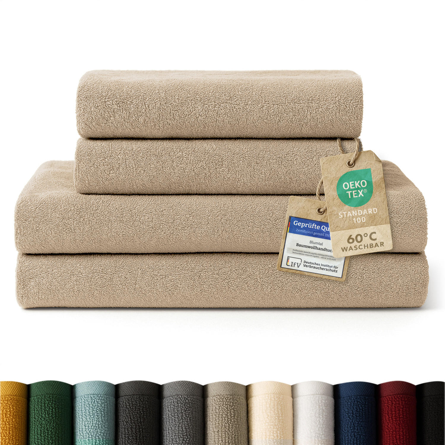 BADETUCH 4-teilig, 2x Badetuch 70/140 + 2x Handtuch 50/100 cm, Taupe - Taupe, Textil (70/140cm) - Blumtal