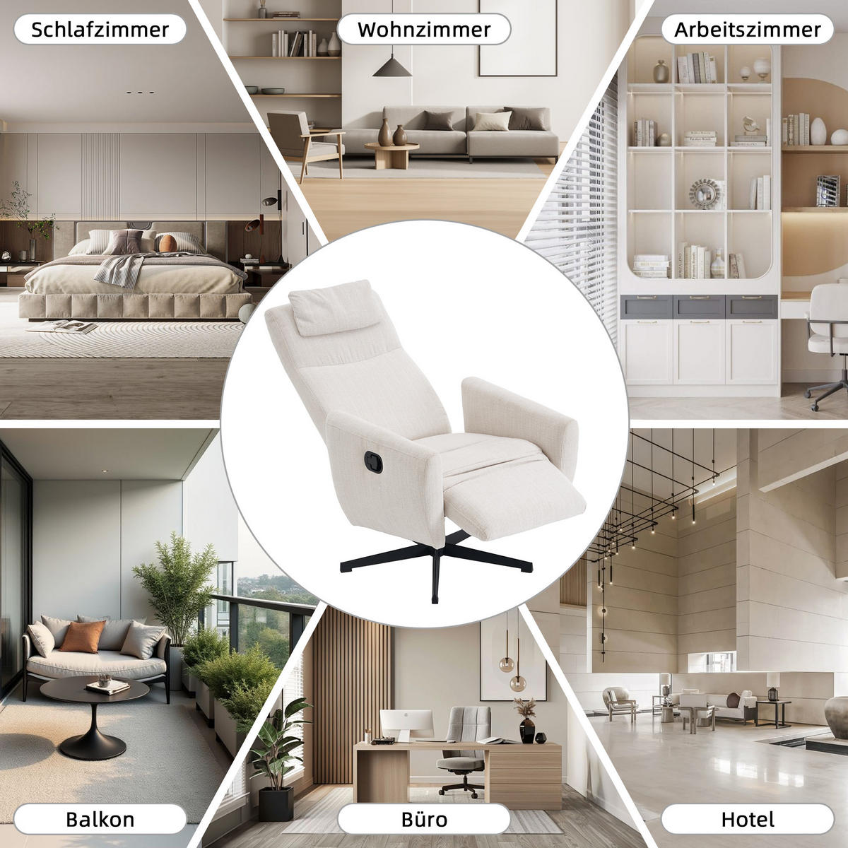RELAXSESSEL Chenille mit Liegefunktion und 360° Drehfunktion 67/80.5/110 cm Beige - Beige, Textil (80.5/110/67cm) - Redom