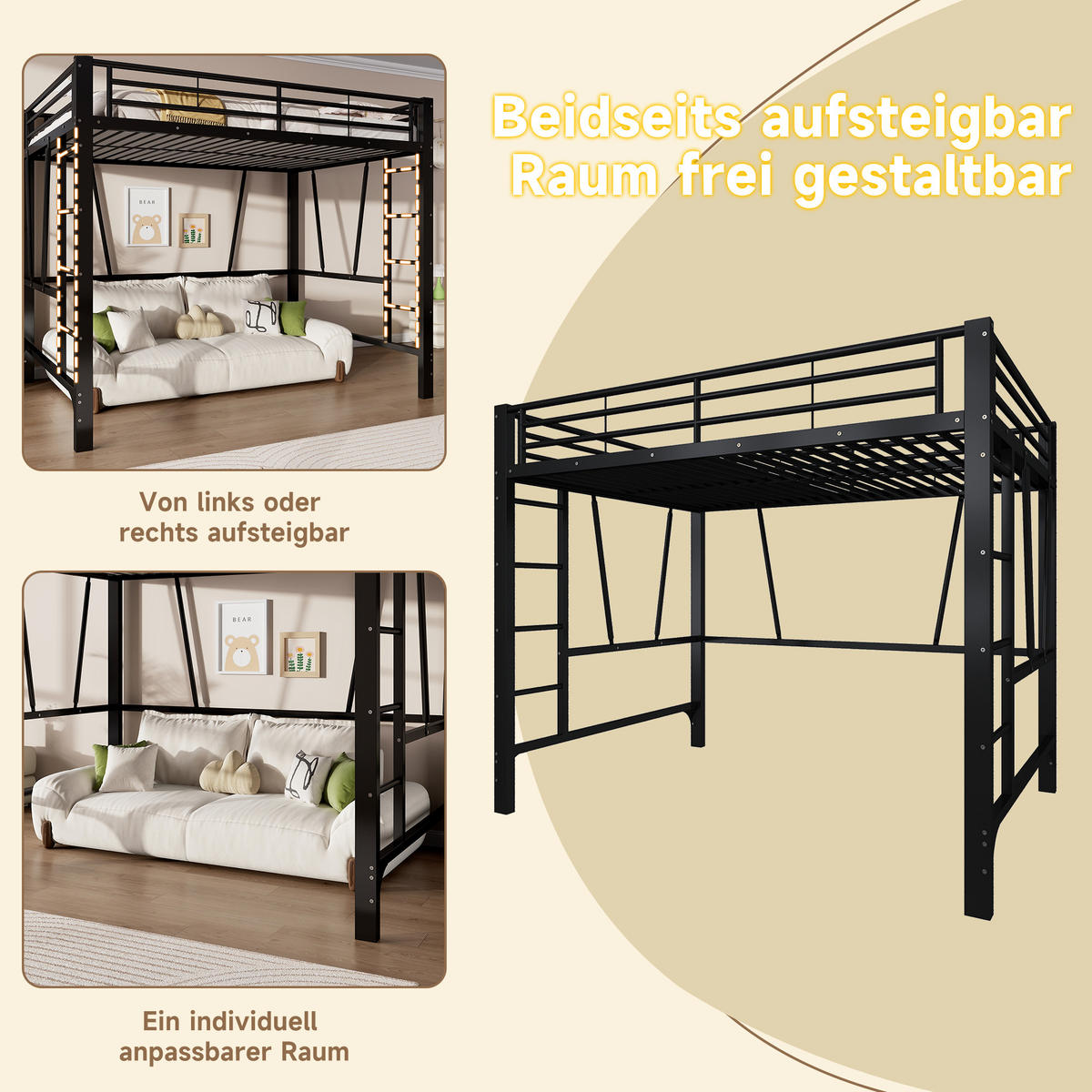 HOCHBETT 140/200 cm in Schwarz mit Doppelleiter, Schutzgeländern und offenem Raum unter dem Bett aus Metall - Schwarz, Metall (140/200cm) - STILVORA