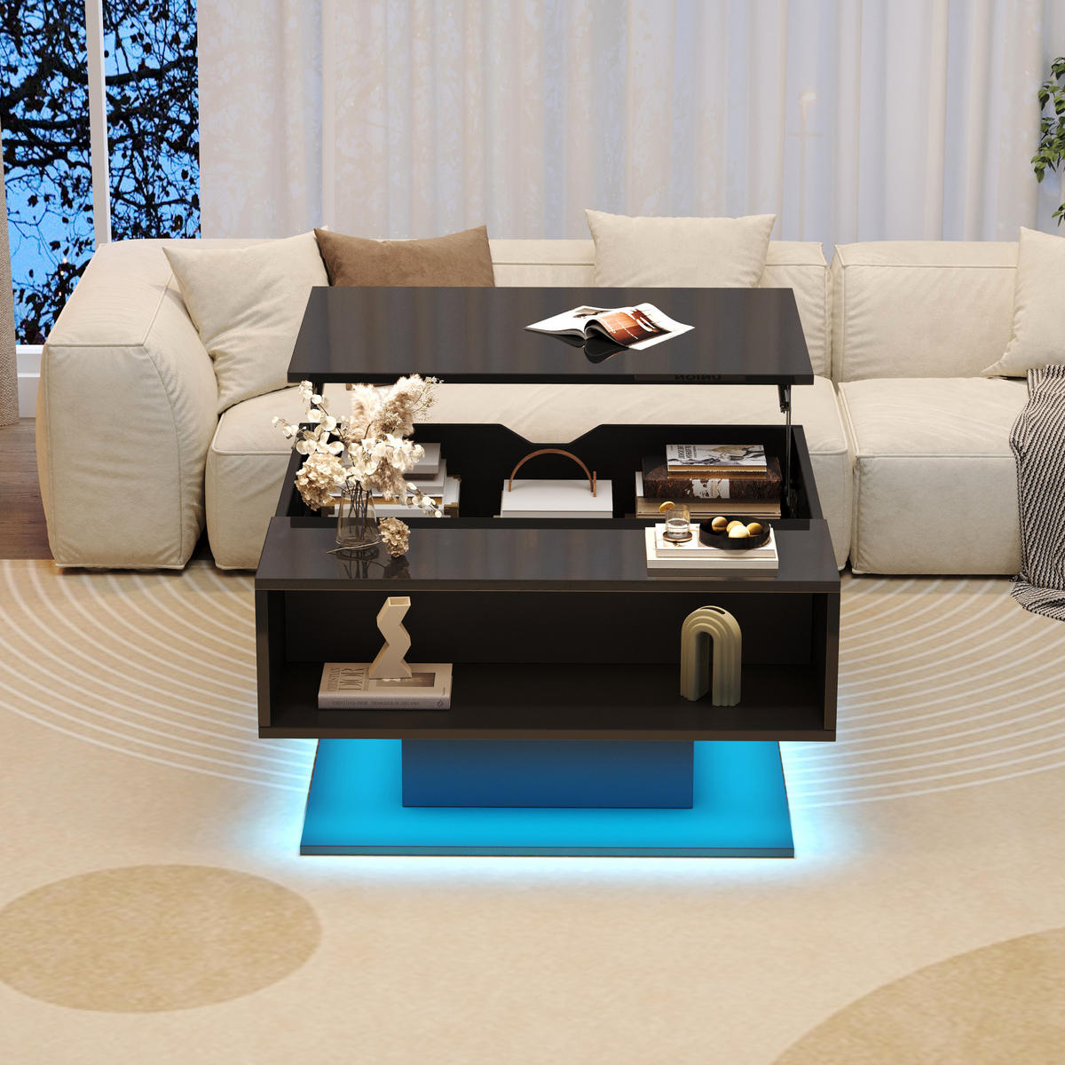 COUCHTISCH aus Spanplatte 80x75x40 cm in Schwarz mit LED & anhebbarer Tischplatte - Schwarz, Holzwerkstoff (75/80/40cm) - Modfu