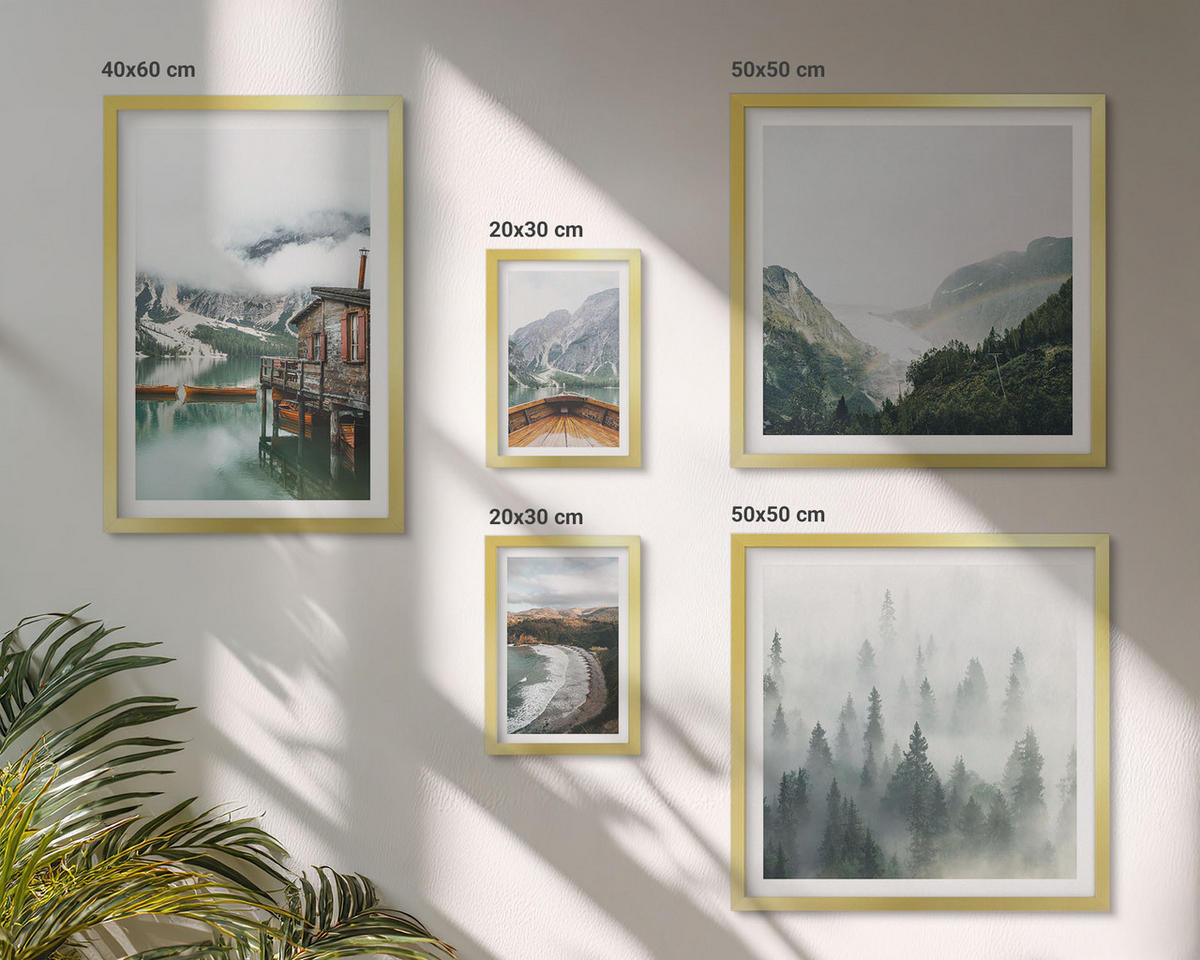 BILDER SET 5er Set - 50x50 cm & 20x30 cm & 40x60 cm Goldrahmen - Berge, See, Boot, Nebel, Strand - Goldfarben, Kunststoff (40/60cm) - TULUP