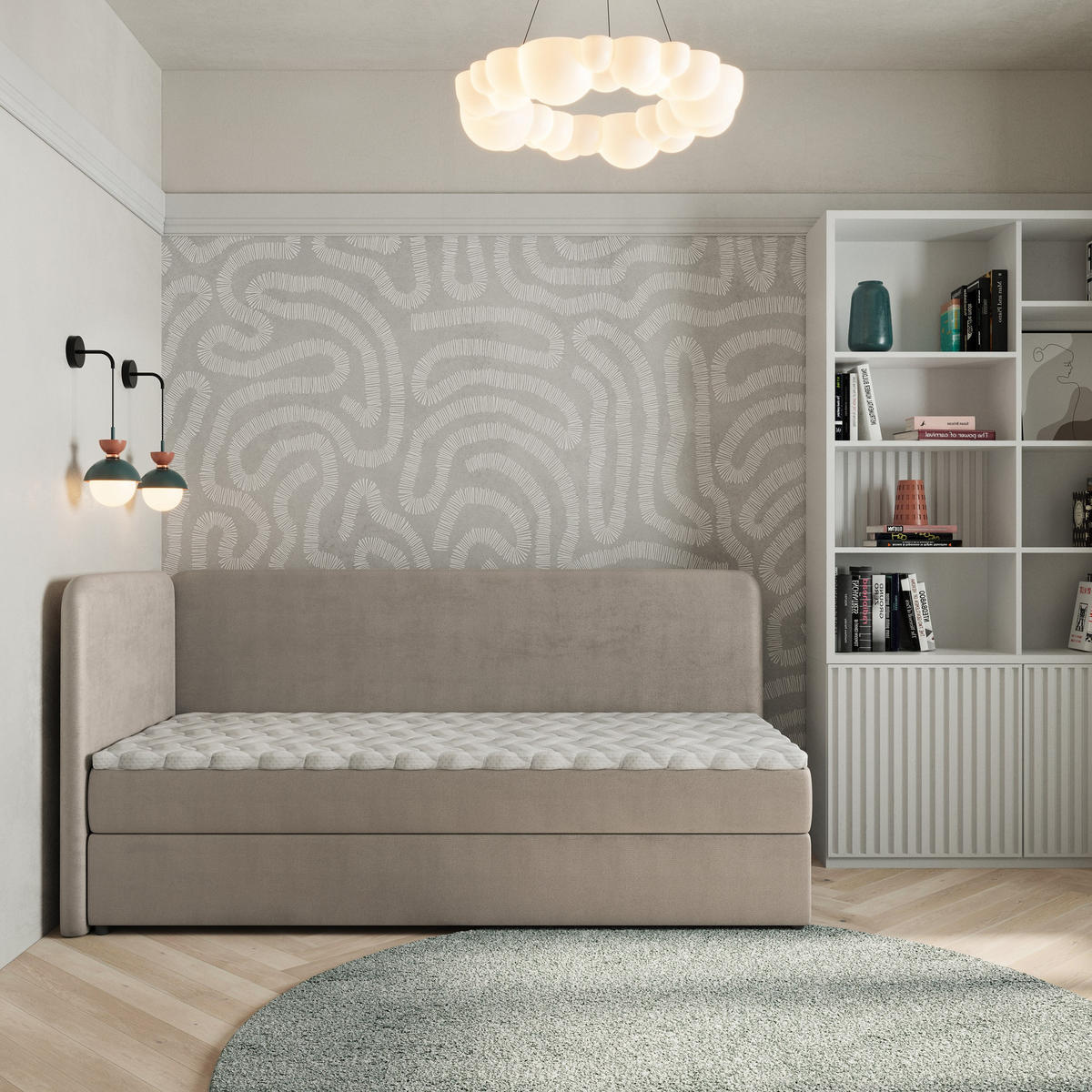 BOXBETT GINA 100x200 cm mit Matratze und Topper, H2+H3 - Beige - Beige, Holz (100/200cm) - MASSENO