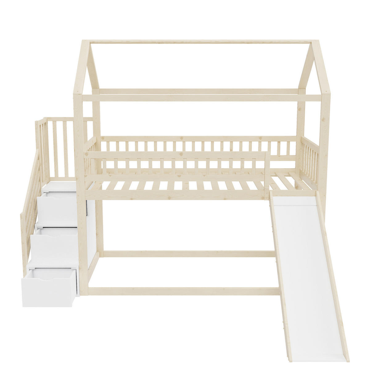 KINDERHOCHBETT aus Holz 90x200 cm Naturholz mit Rutsche und Aufbewahrungsleiter - Weiß, Holz (90/200cm) - IVMEU