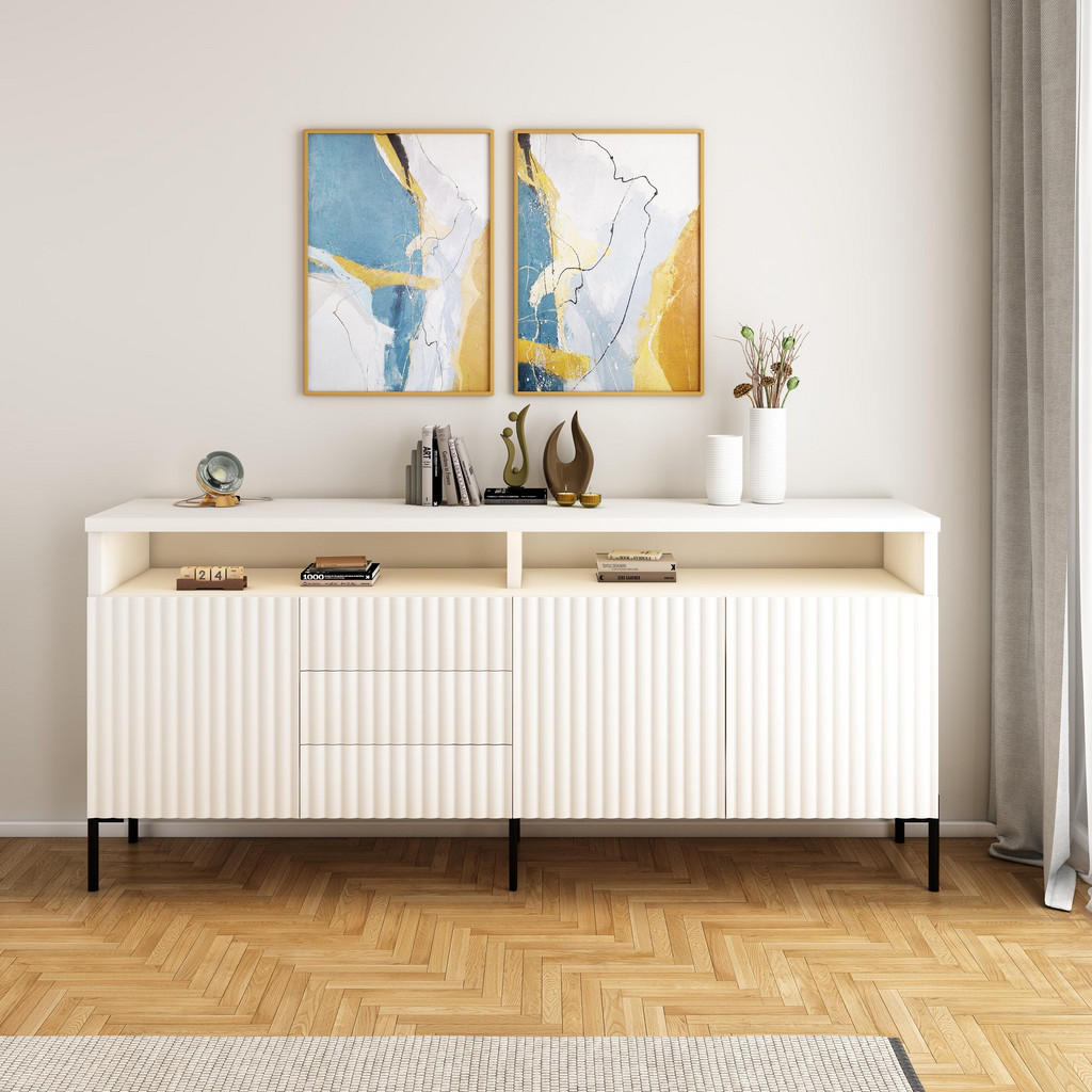 Thumbnail - Furnlux Sideboard, Weiß, Holzwerkstoff, 8 Fächer, 3 Schubladen, Rechteckig,Rechteckig, Säule, 200x89x45 cm, Wohnzimmer, ...