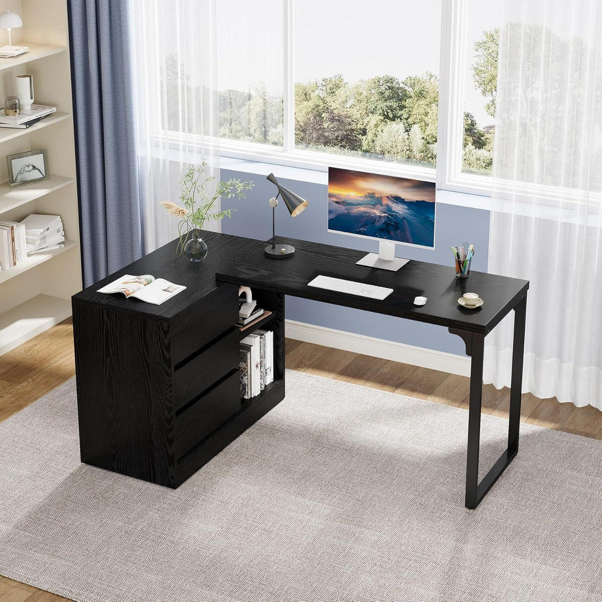 SCHREIBTISCH L-Form Schwarz mit Schubladen und Aufbewahrung - Schwarz, Holzwerkstoff (45/100/75cm)