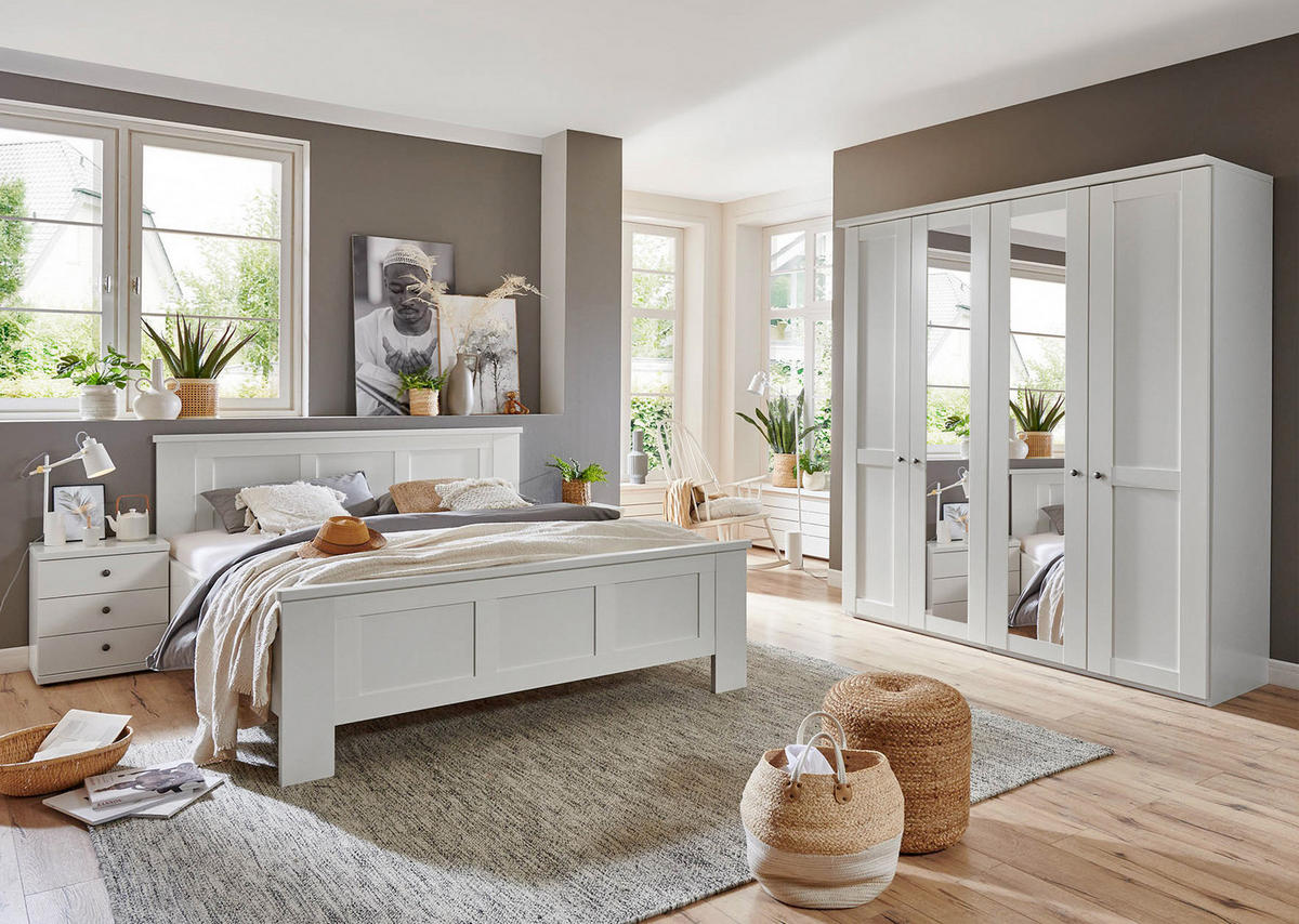 SCHLAFZIMMER Greenholm in Weiß 4 teilig mit Kleiderschrank 200cm Breite mit Spiegel, Doppelbett 180x200cm, zwei Nachttisch - Weiß, Holzwerkstoff (80/200/120cm)