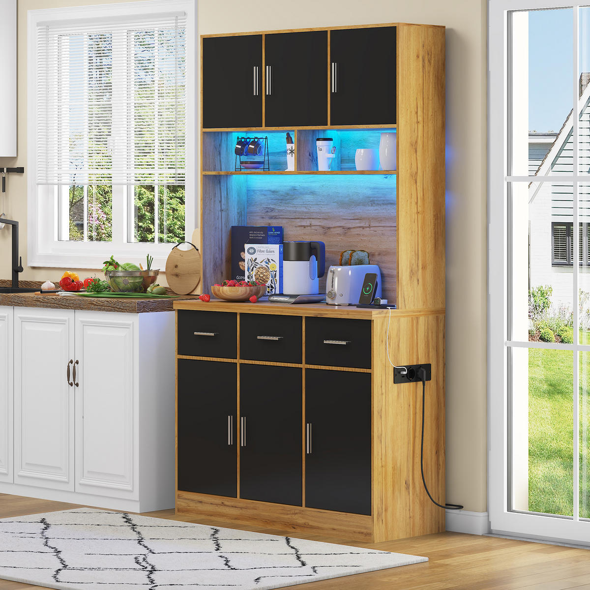 KÜCHENBUFFET in Schwarz und Naturfarbe Küchenschrank mit LED und Schubladen für Küchen und Esszimmer, B100/T40/H180 cm - Schwarz, Holzwerkstoff (100/180/40cm) - STILVORA