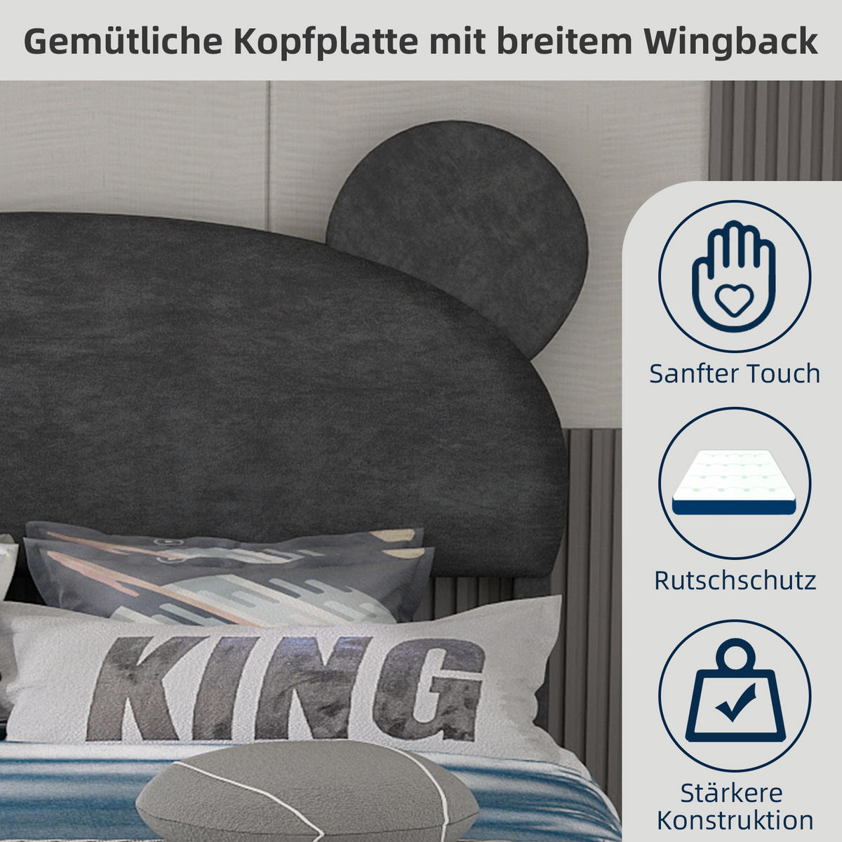 POLSTERBETT 140x200 cm Cartoon ohne Stauraum grau - Grau, Textil (140/200cm) - LEBENLANG