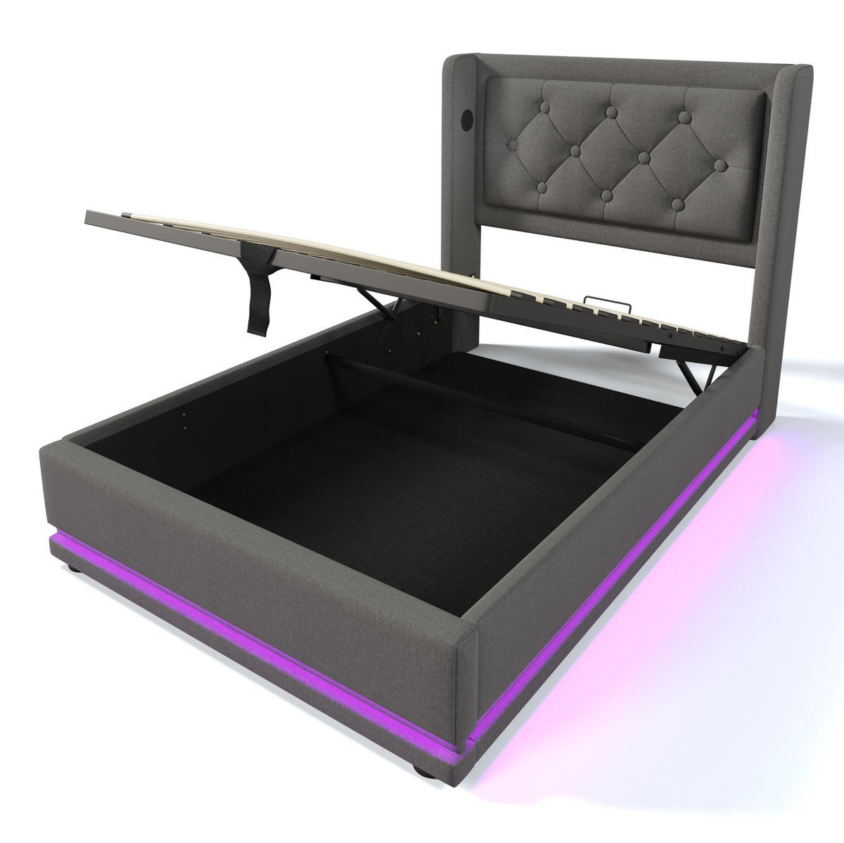 BETT mit Stauraum, USB & LED 90x200 cm Baumwolle Grau inkl. Matratze - Grau, Metall (90/200cm) - Meubliv