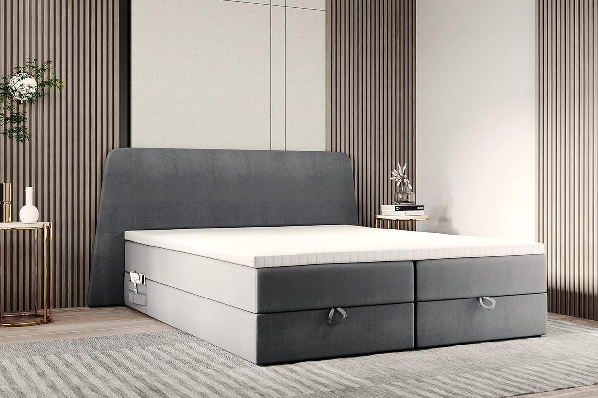 BOXBETT 160 x 200 cm RONDA mit Bettkästen und Topper, Taschenmatratze und Seitliche Taschen für Handy oder Buch, Grau - Grau, Holz/Textil (160/200cm) - Trada