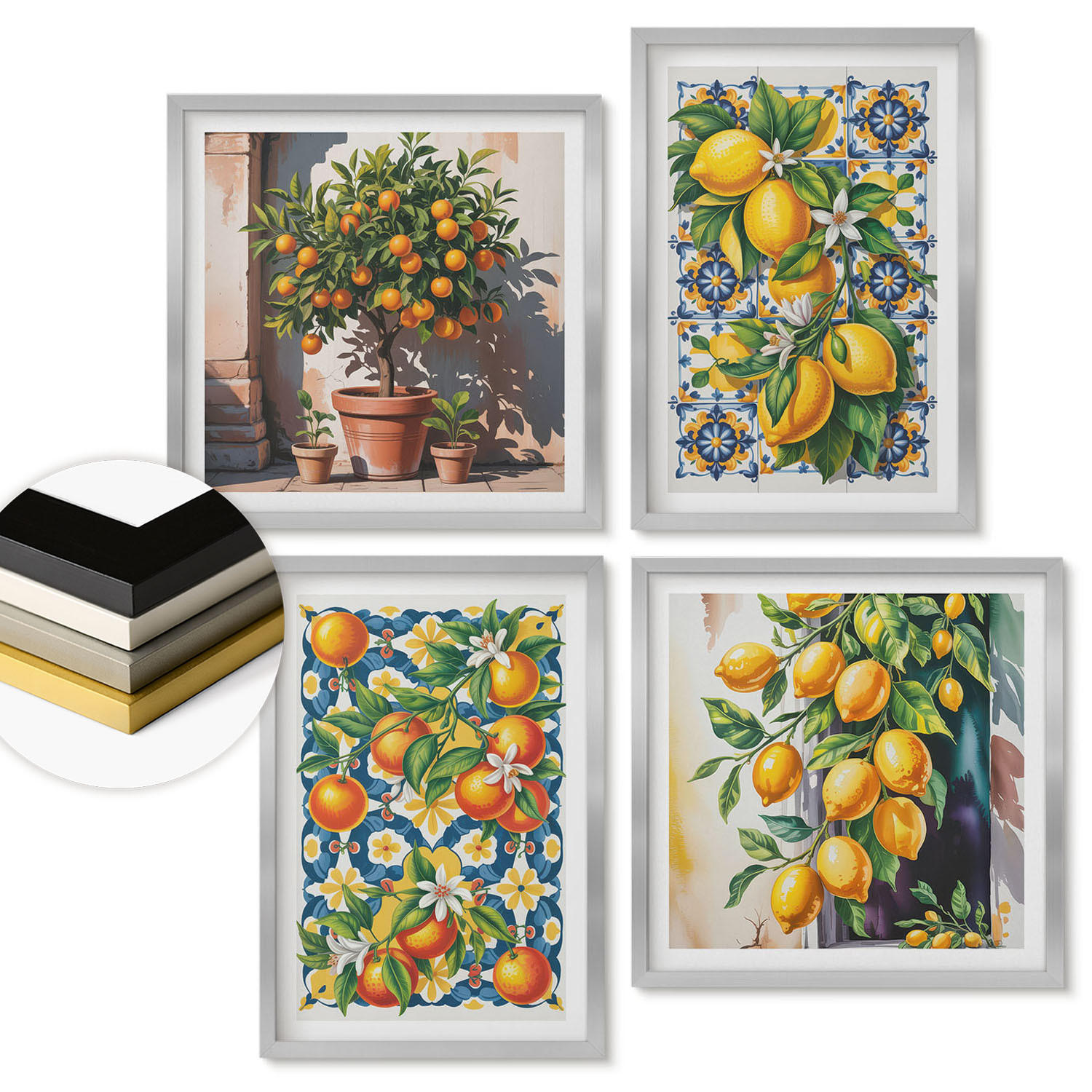 WANDBILDER 4er Set - 50x50 cm & 40x60 cm Silberner Rahmen - Farbenfrohe abstrakte Zitrusfrüchte - Silberfarben, Kunststoff (50/50cm) - ArtPrintCave