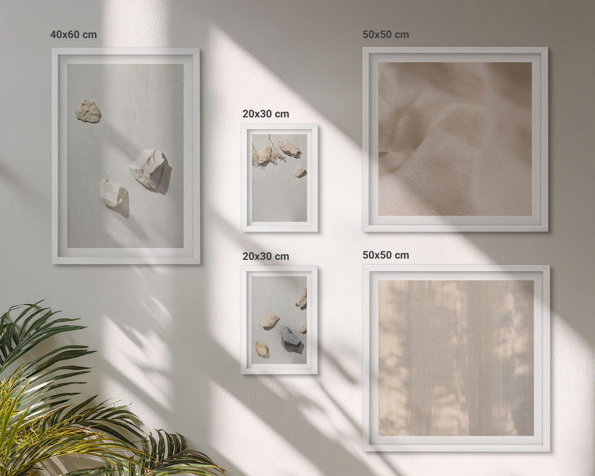 WANDBILDER 5er-Set - 50x50 cm & 20x30 cm & 40x60 cm Weißer Rahmen - Boho-Stranddekorationen aus Steinen - Weiß, Kunststoff (40/60cm) - ArtPrintCave