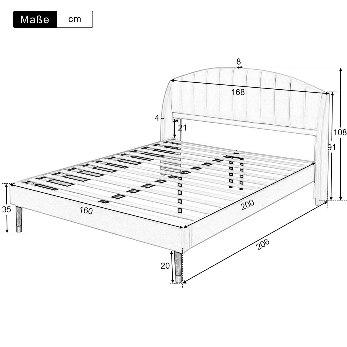 POLSTERBETT 160/200 cm Grau mit Lattenrost und Kopfteil aus Samt - Grau, Textil (160/200cm) - OKWISH