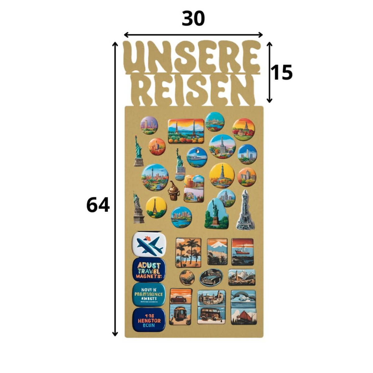 MAGNETTAFEL Unsere Reisen Goldfarben 64x30 cm - Goldfarben, Metall (30/64/0.7cm) - ANWICAR