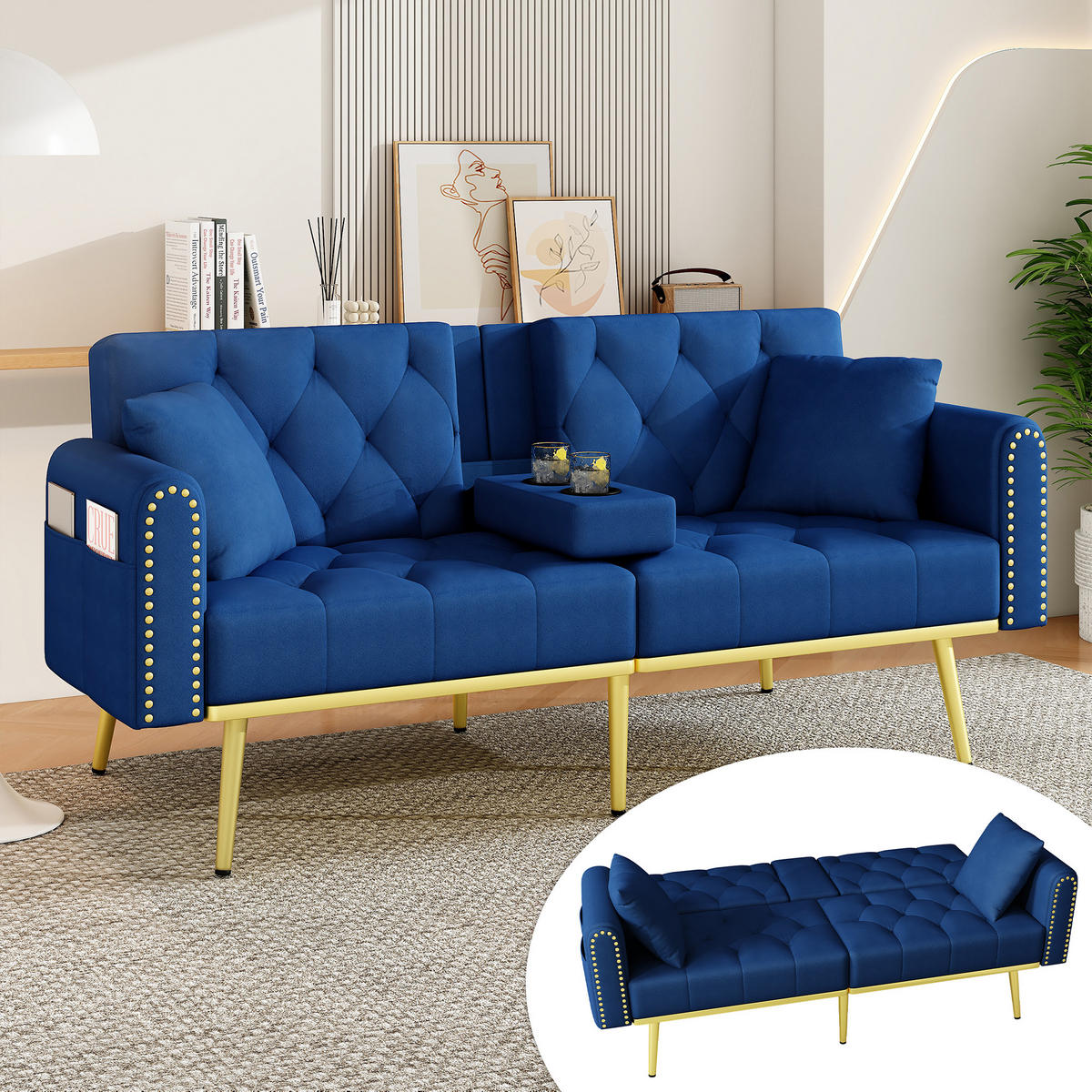 SCHLAFSOFA 175/80/73.5 cm Blau mit drei verstellbaren Neigungswinkeln und Getränkehalter - Blau, Textil (175/73.5/80cm) - Oxeza