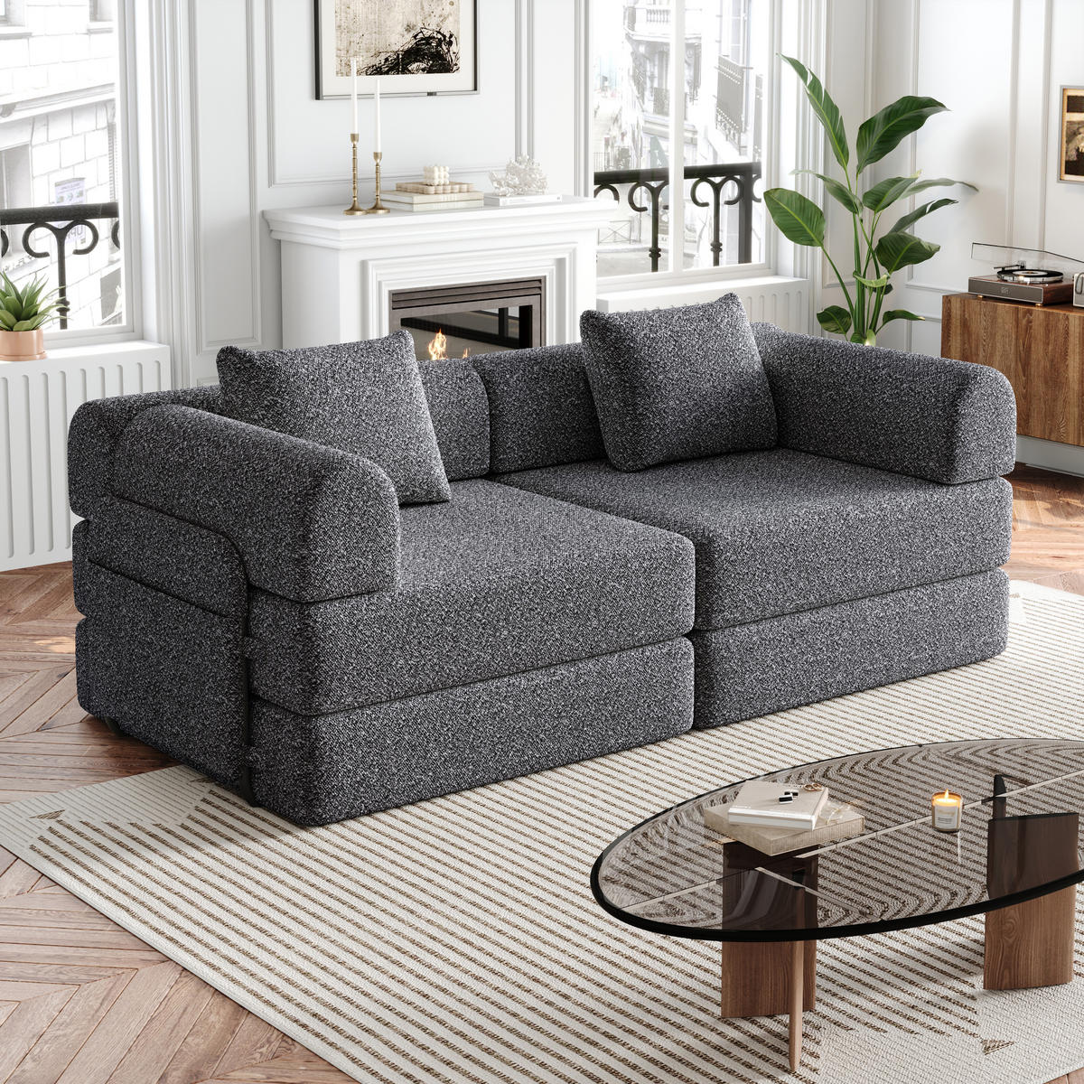 SCHLAFSOFA 2-in-1 aus Chenille mit Armlehnen-Staufach & Stahlrahmen, 183,8/181,6/49,5 cm, Grau - Grau, Textil (183.8/49.5/181.6cm) - Redom