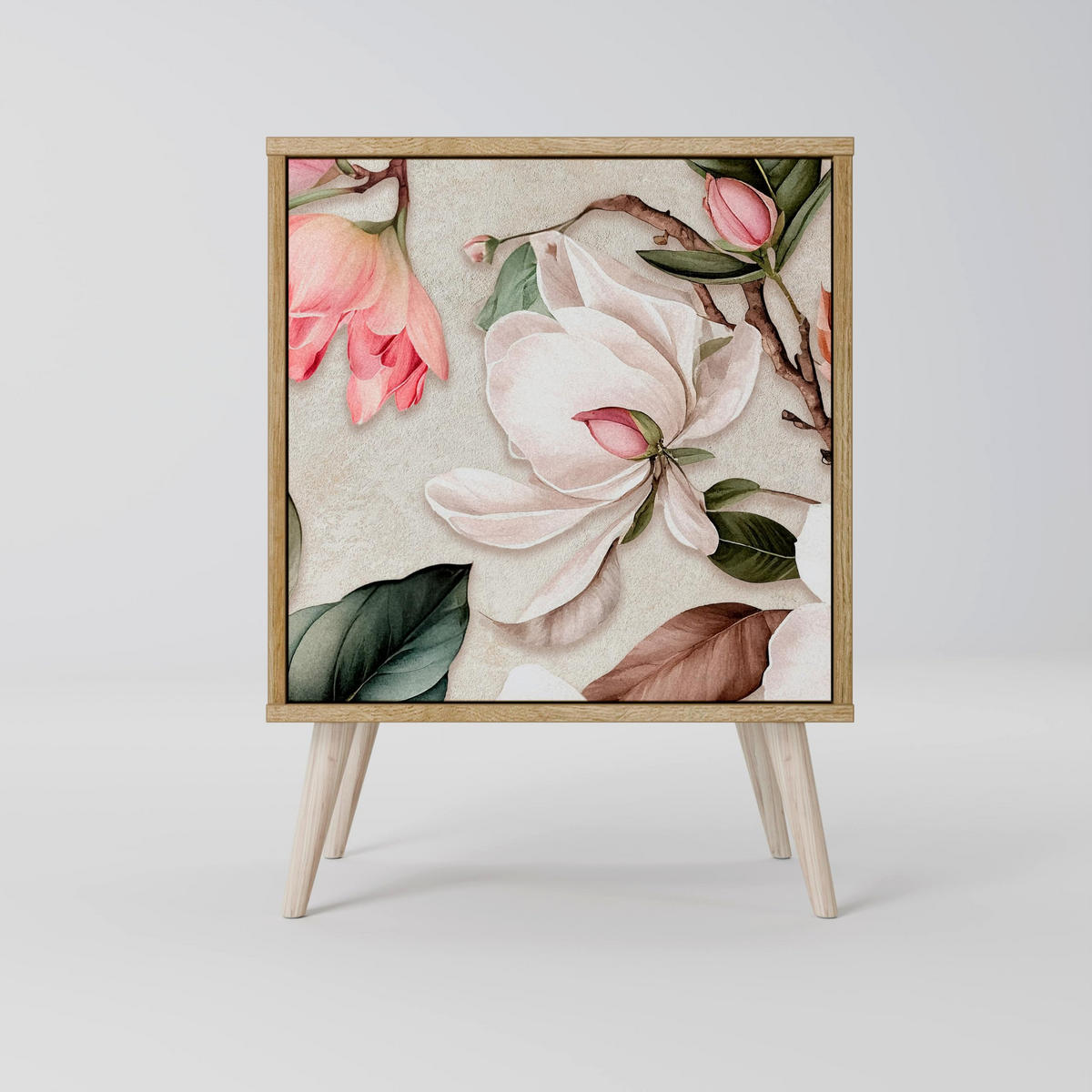 SIDEBOARD FLORAL GRACE, Grau, 57,5x42x67,5 cm, Schwarze Metall-Rahmenfüße - Multicolor/Schwarz, Holzwerkstoff/Metall (57.5/67.5/42cm) - SpaceRebels