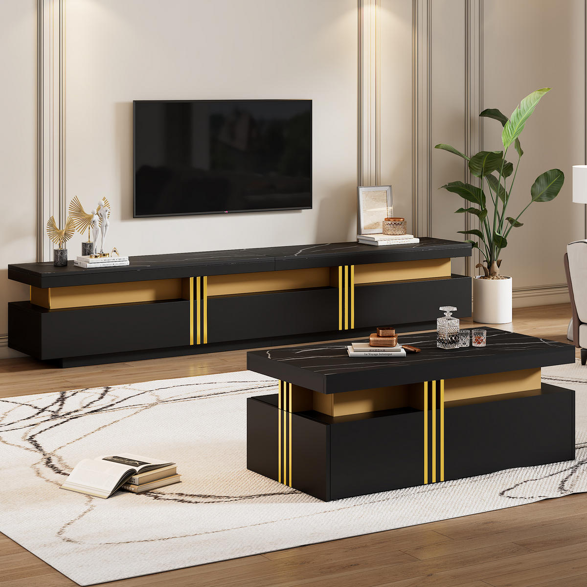 TV-ELEMENT mit Couchtisch - Schrankkombination 2er-Set in Schwarz und Gold - Schwarz, Holzwerkstoff (100/40/50cm) - OKWISH