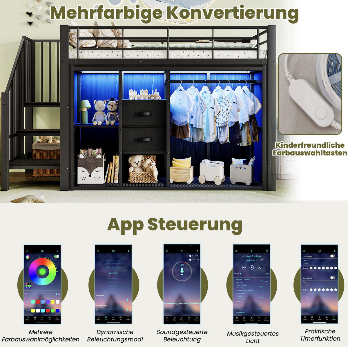 HOCHBETT 90/200 cm in Schwarz mit Stauraum und LED-Beleuchtung - Schwarz, Metall (90/200cm) - BEAOK