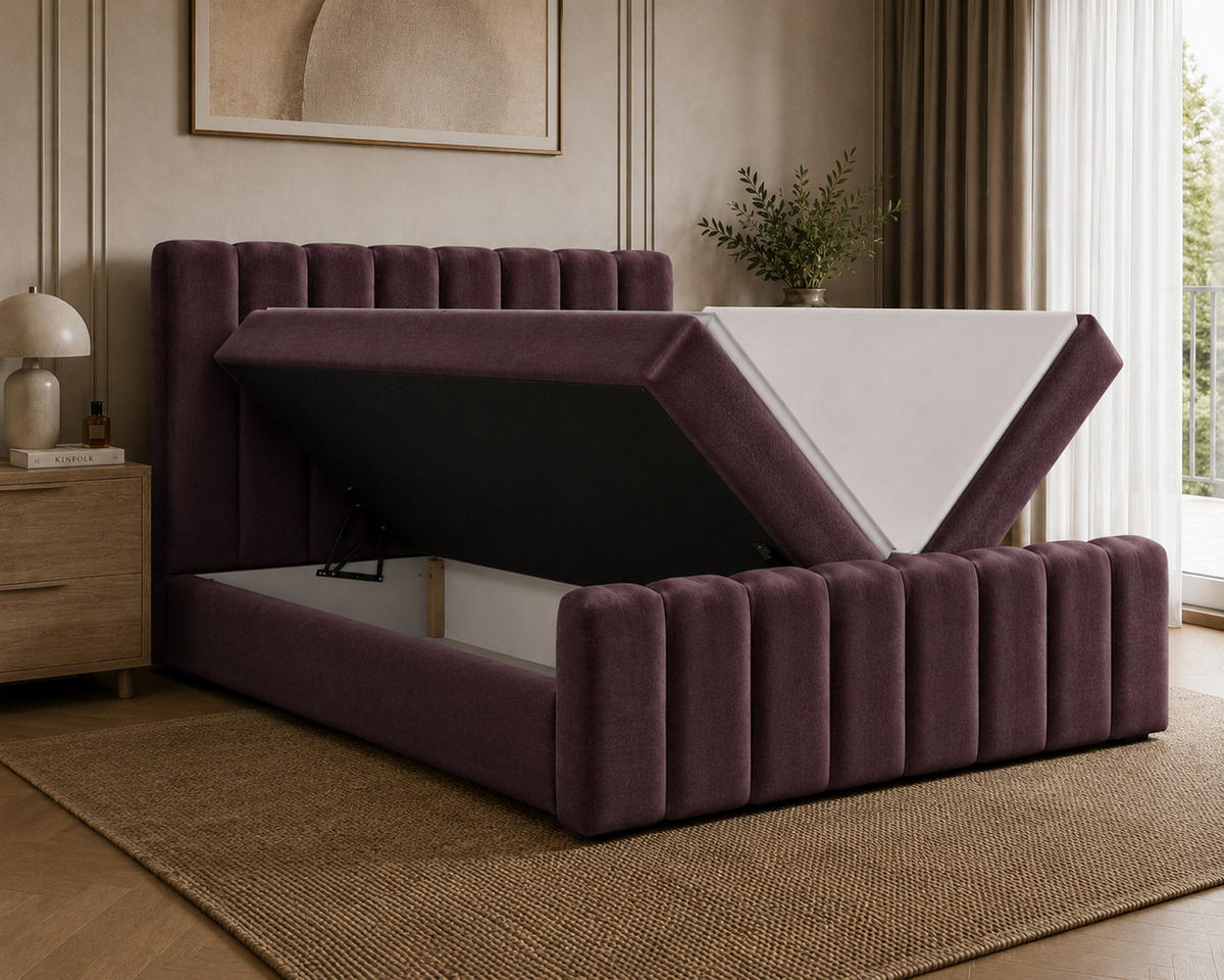 BOXBETT 01 BIS 160 x 200 cm - Vibe - Modernes Polsterbett mit Bettkasten inkl. PU-Schaum-Topper und Federmechanismus - Bordeaux, Holz (160/200cm) - ROYAL24_MARKT