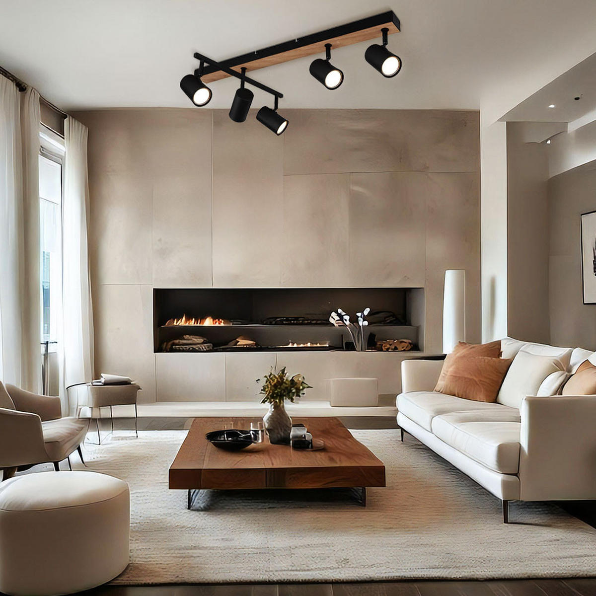 LED DECKENLEUCHTE Metall Schwarz Holzoptik 5-flammig - Schwarz, Metall (70/35/18cm) - Globo Lighting