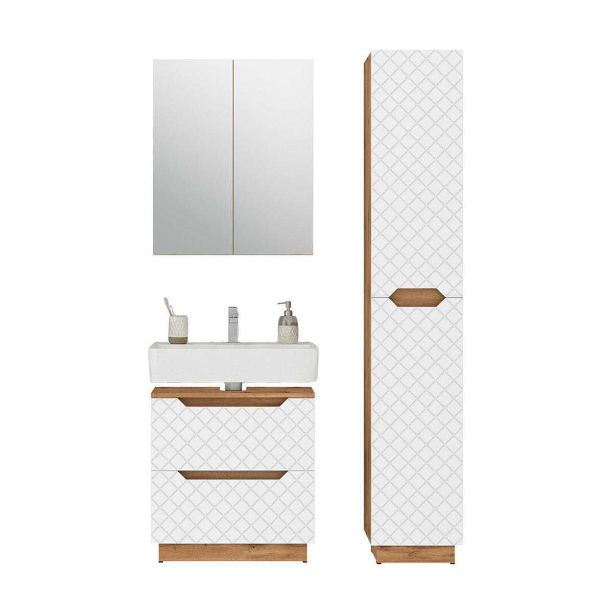 BADMÖBEL-SET Lotta Eiche/Weiß mit Kachelstruktur 3 Teile - Eichefarben/Weiß, Holzwerkstoff (59.8/62.5/32cm) - Vicco