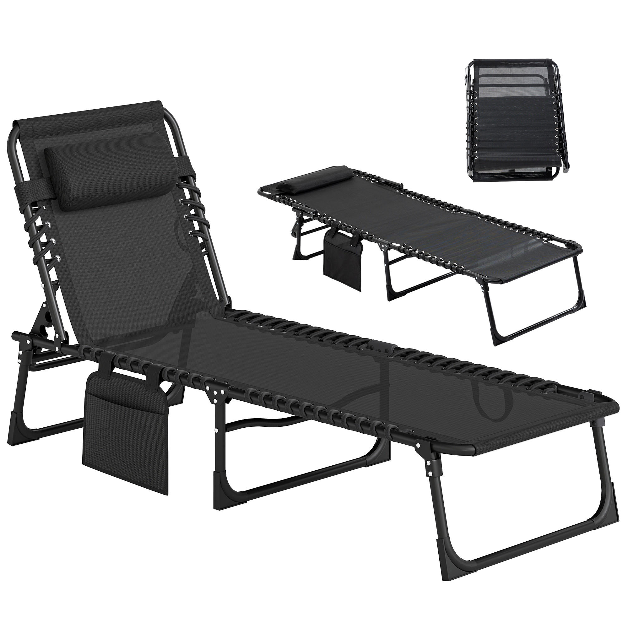 SONNENLIEGE Klappbare mit verstellbarer Rückenlehne gepolsterter Kopfstütze 189x58x30 cm ,Schwarz - Schwarz, Metall (58/30/189cm) - Vallsero
