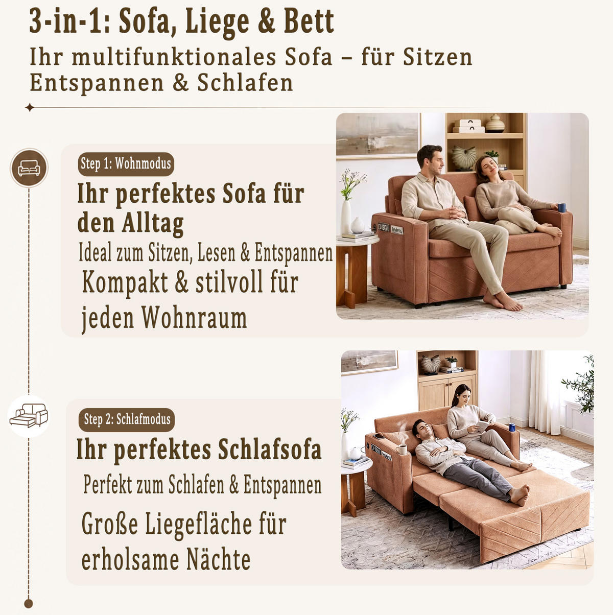 SCHLAFSOFA aus Holz und Stoff mit USB-Ladeports und Schiebe-Transform-Funktion Orange - Orange, Holz (134/73/195cm) - Modenvie