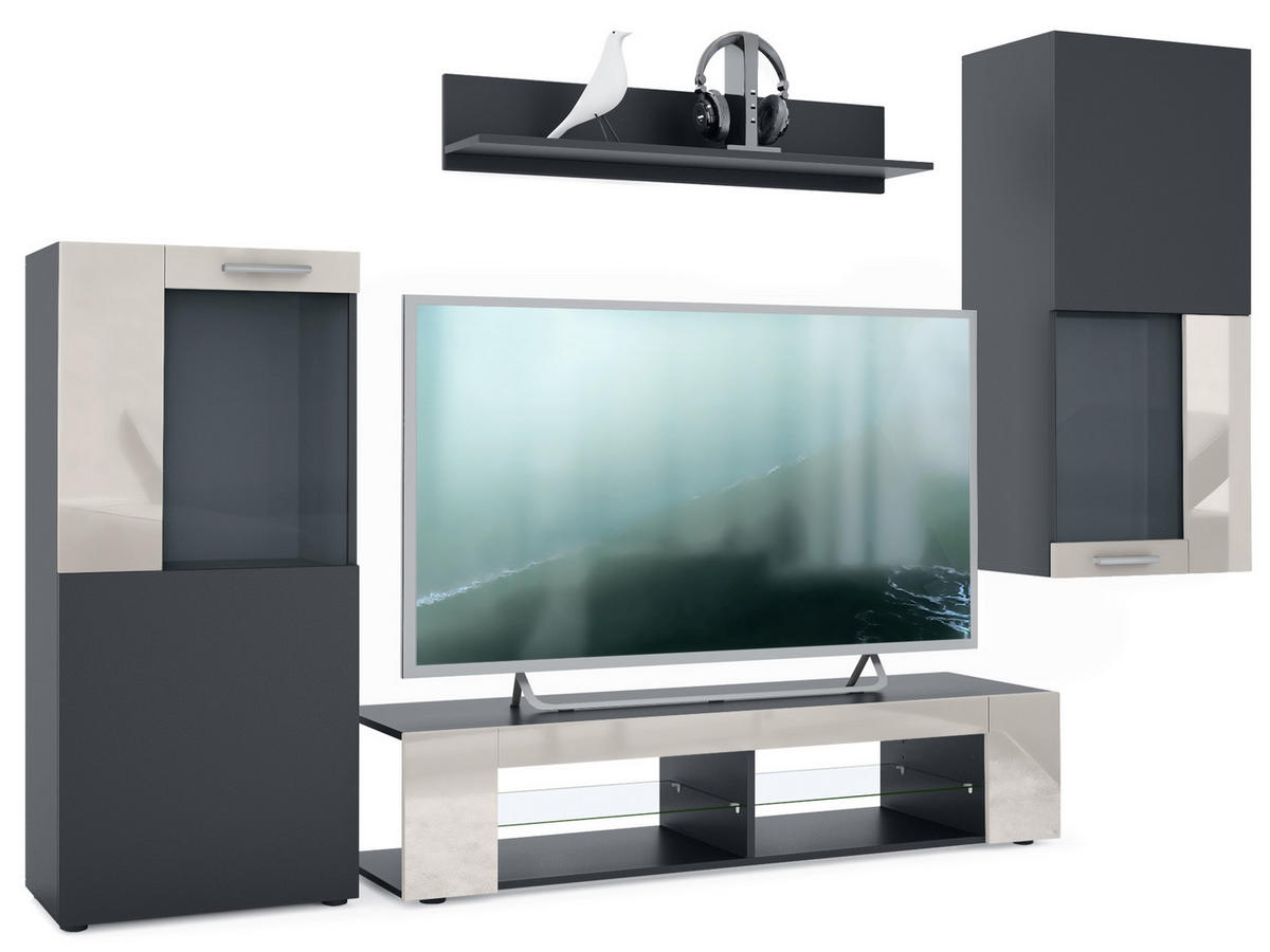 WOHNWAND Movie Absetzungen in Sandgrau Hochglanz - Sandfarben, Holzwerkstoff (300/190/39cm) - Vladon