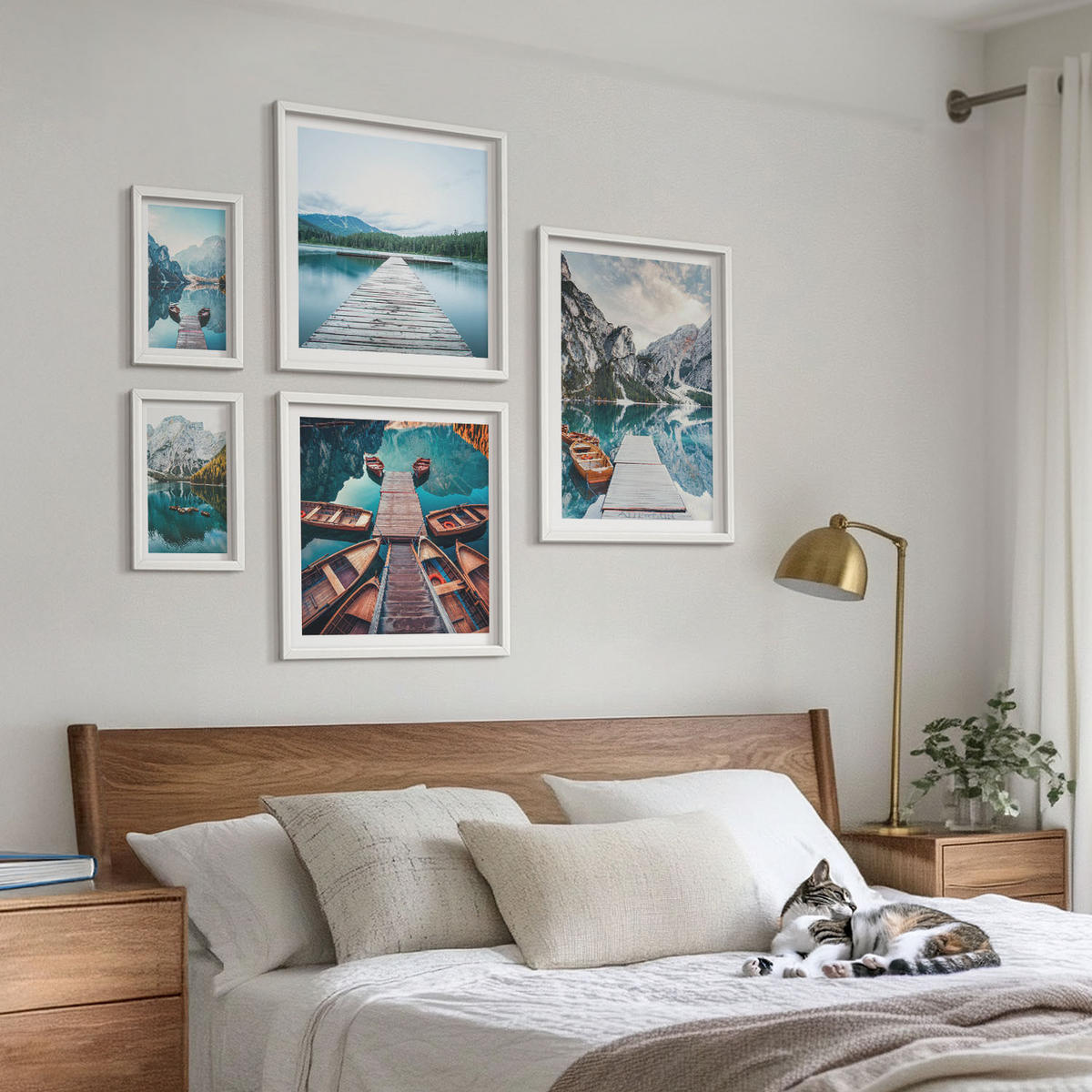 WANDBILDER 5er-Set - 50x50 cm & 20x30 cm & 40x60 cm Weißer Rahmen - Holzstege am See, Boote - Weiß, Kunststoff (40/60cm) - ArtPrintCave
