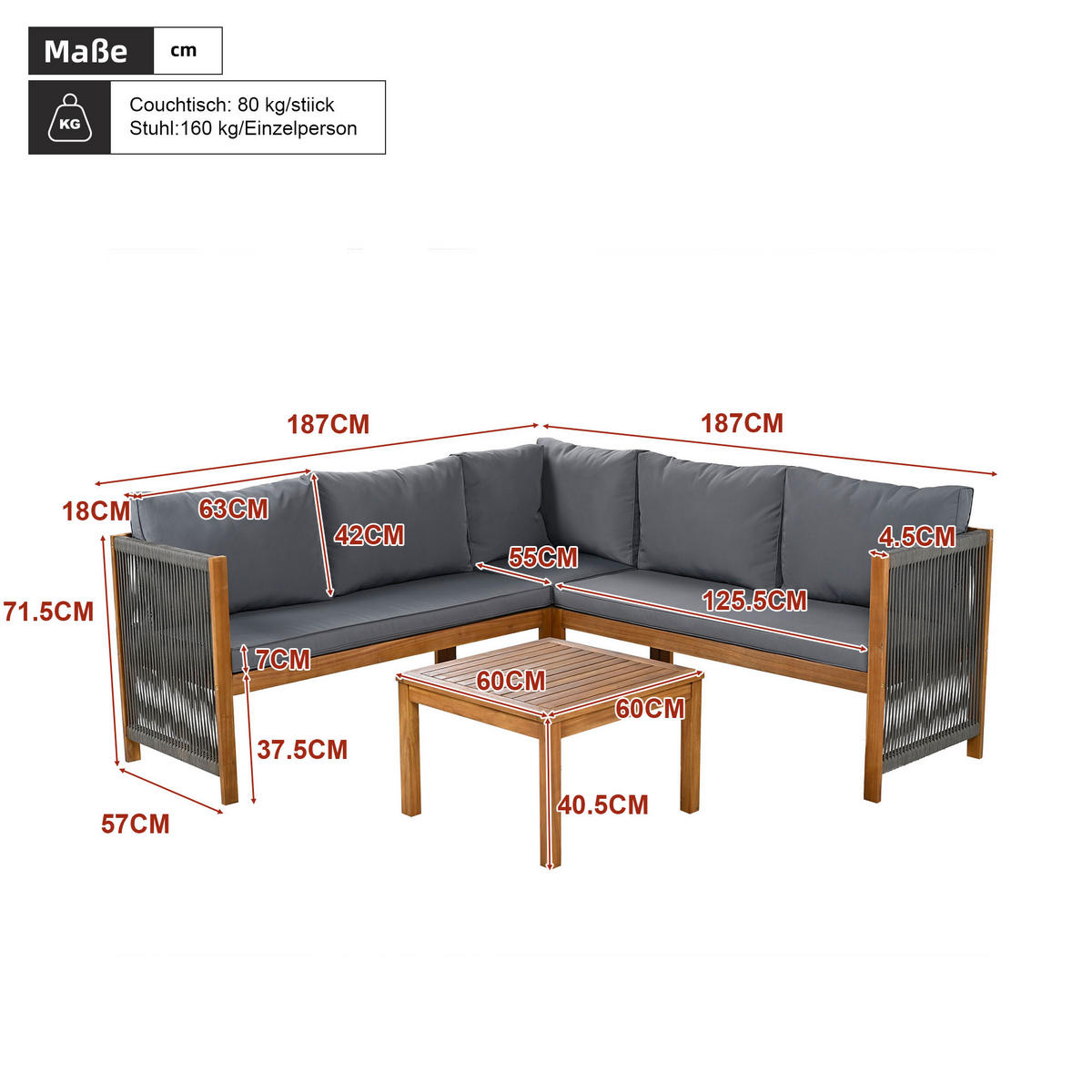 LOUNGESET Grau Eck Mit Couchtisch Akazie - Grau, Textil - FLIEKS