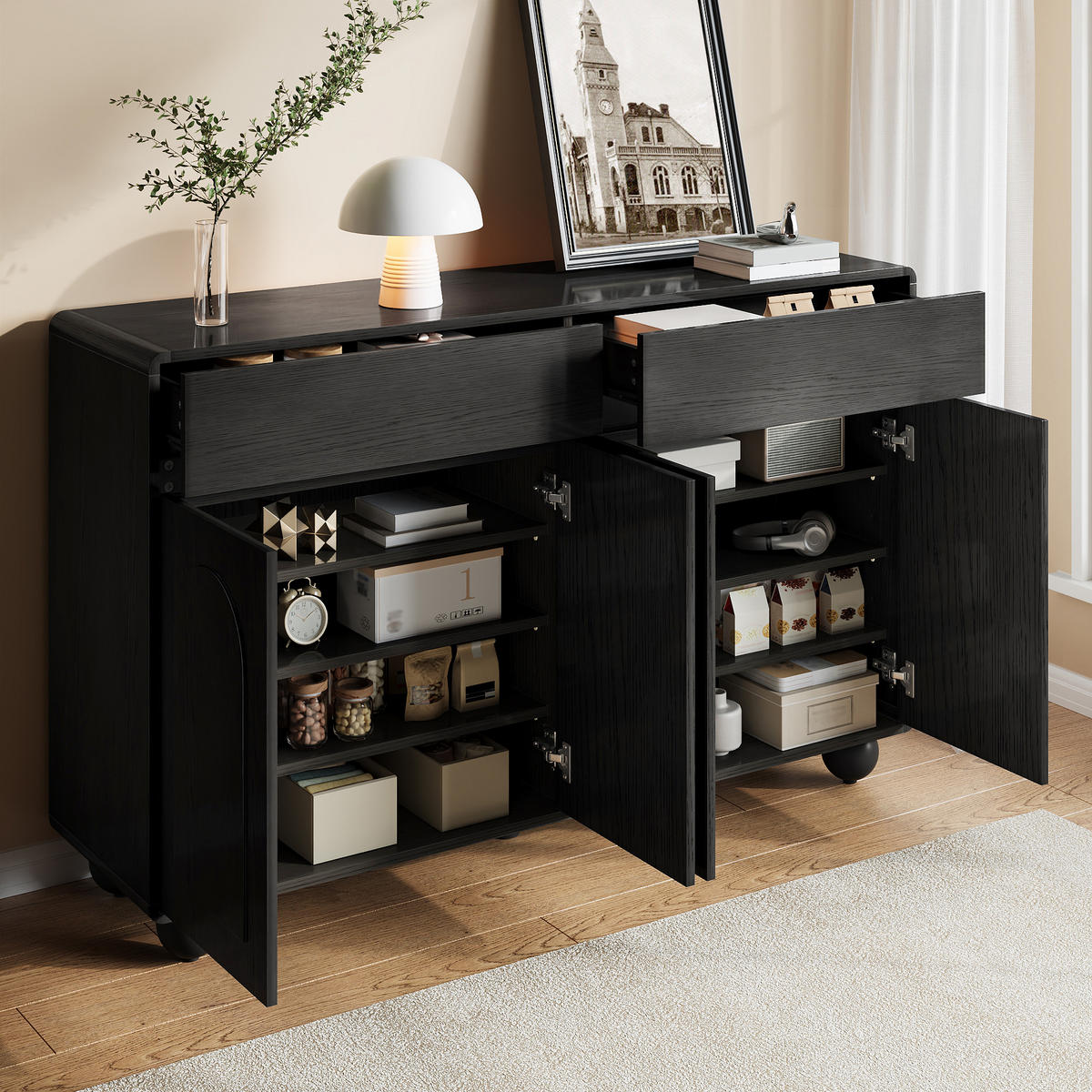 SIDEBOARD geschwungene Türen PB MDF Metallfüße modern - Schwarz, Holzwerkstoff (38/89/140cm) - FLIEKS