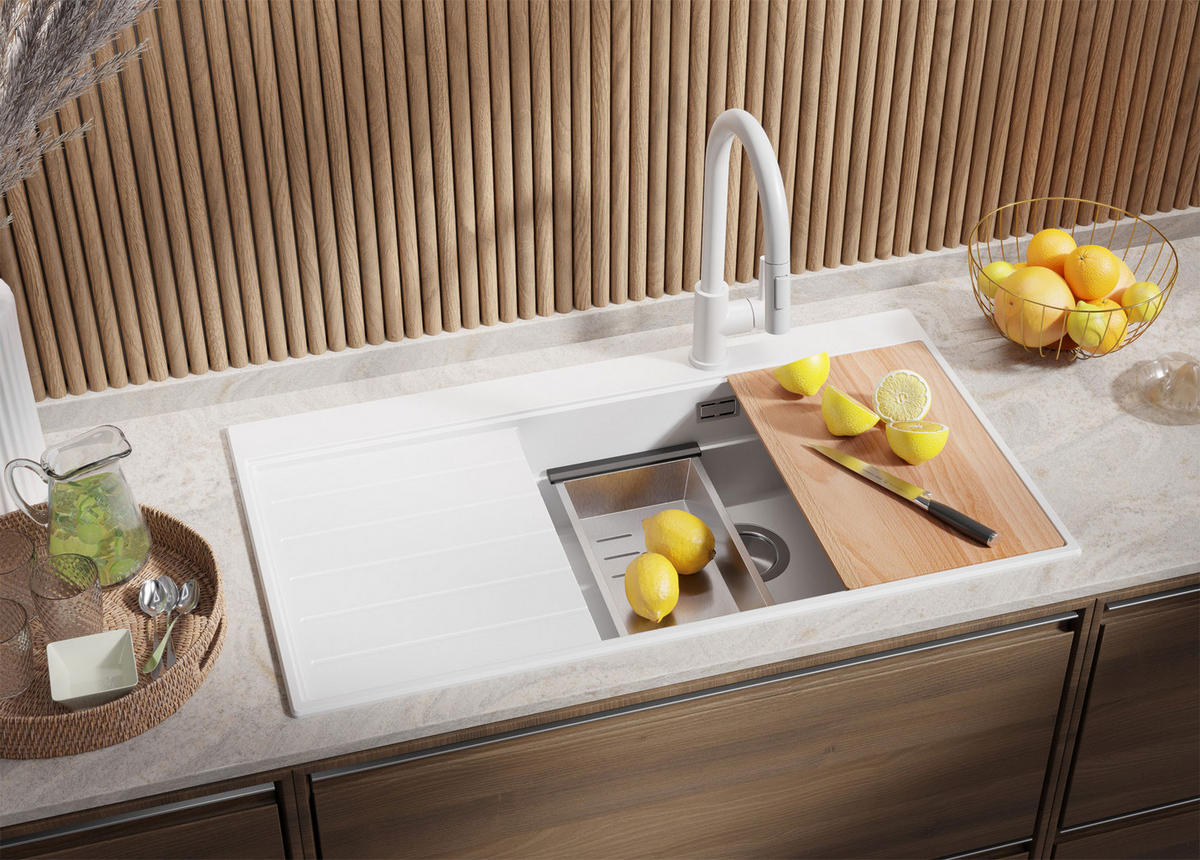 SPÜLBECKEN Sydney, 2-er set Weiß 90/50 cm 1 Becken + Ablauf-Set + Küchenzubehörset ab 60er Unterschrank - Chromfarben/Beige, Kunststoff (90/20/50cm) - Primagran