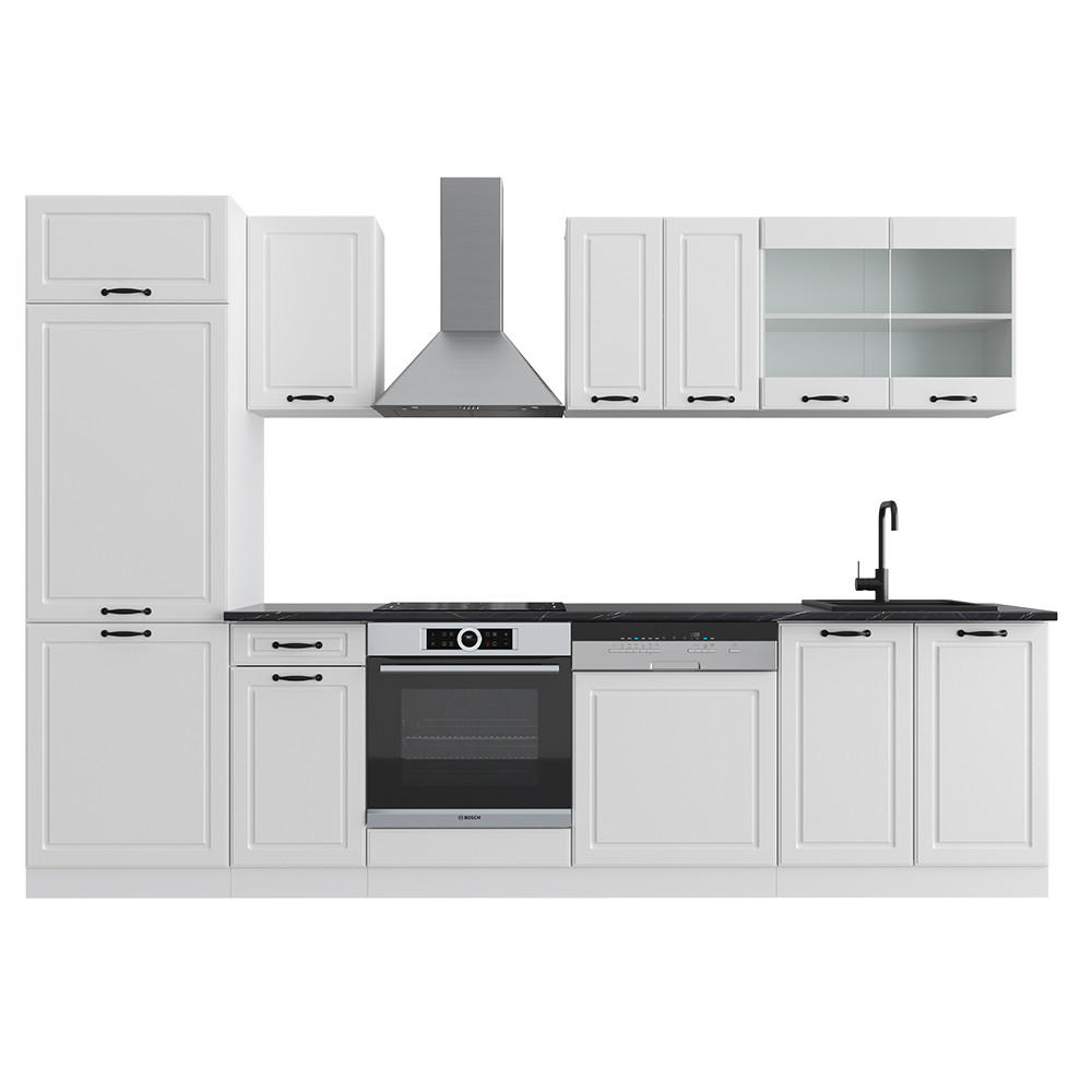 KÜCHENZEILE R-Line Weiß Landhaus/Weiß 300 cm, AP Anthrazit - Creme/Weiß, Holzwerkstoff (300/81.6/60cm) - Vicco