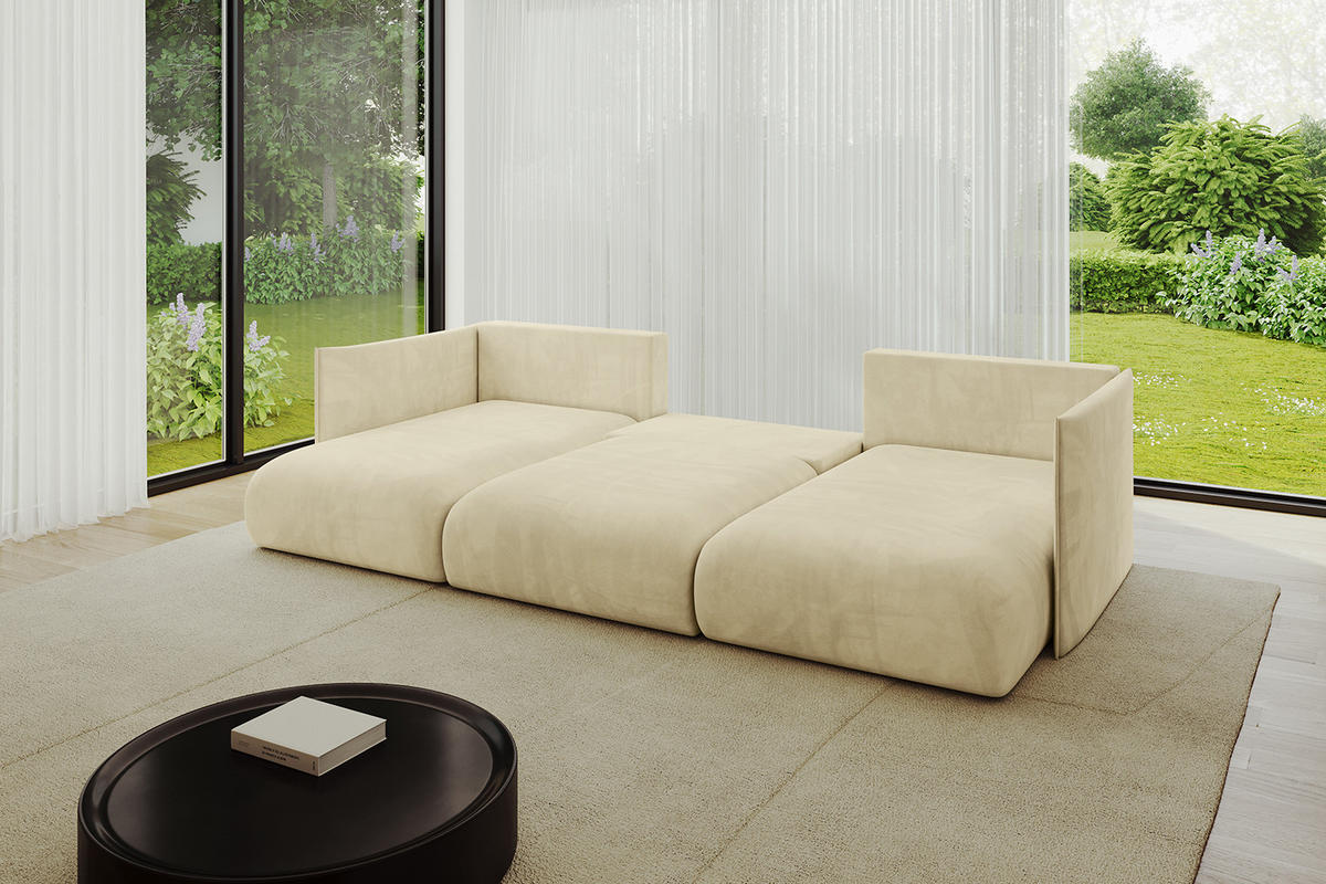 WOHNLANDSCHAFT mit Schlaffunktion und Bettkasten ONESK-U 304x165x40 Beige Velours - Beige, Holzwerkstoff/Kunststoff (304/90/165cm) - ALTDECOR