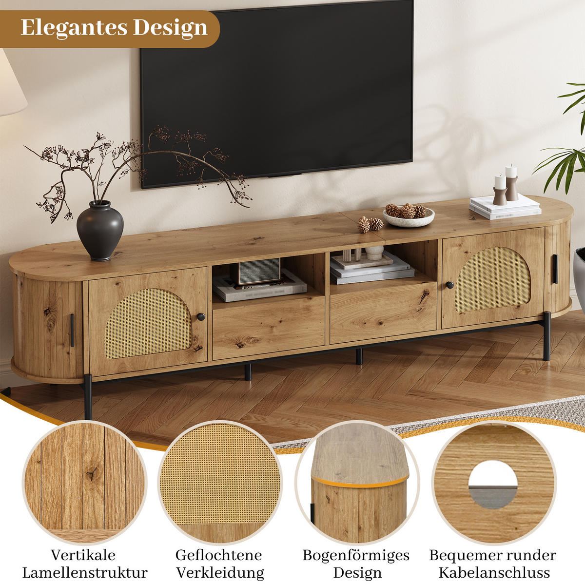 TV-SCHRANK Oval Rattan Schiebetüren Metallbeine modern - Naturfarben, Holzwerkstoff (40/49.5/200cm) - FLIEKS