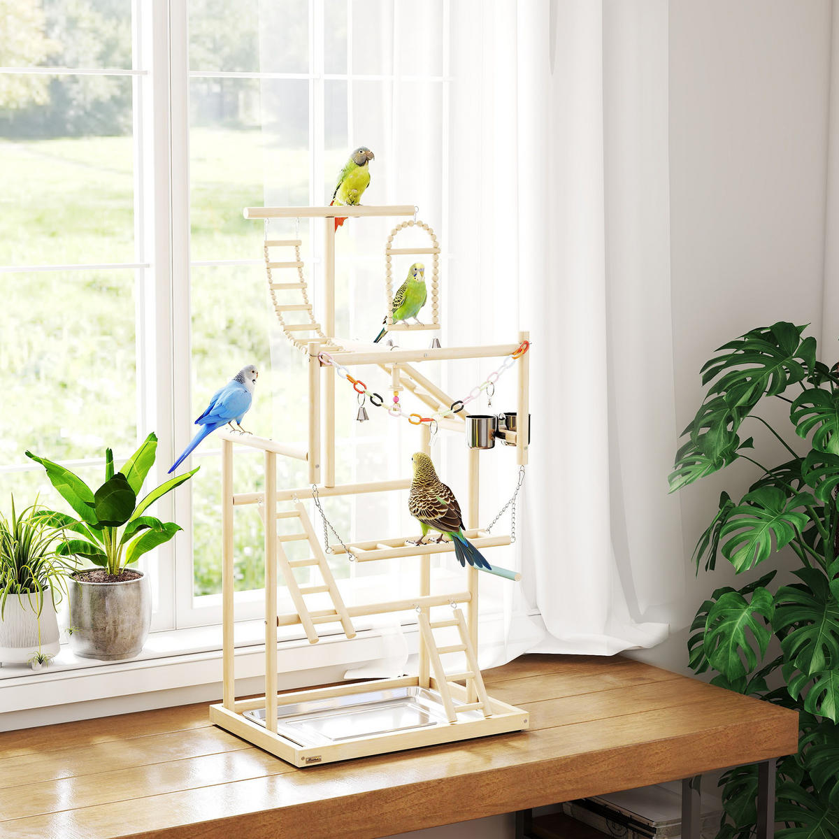 VOGELSPIELPLATZ DE-17841 4 Ebenen mit Leiter & Schaukel Natur - Naturfarben, Holz (38/95/48cm) - ComfortXL